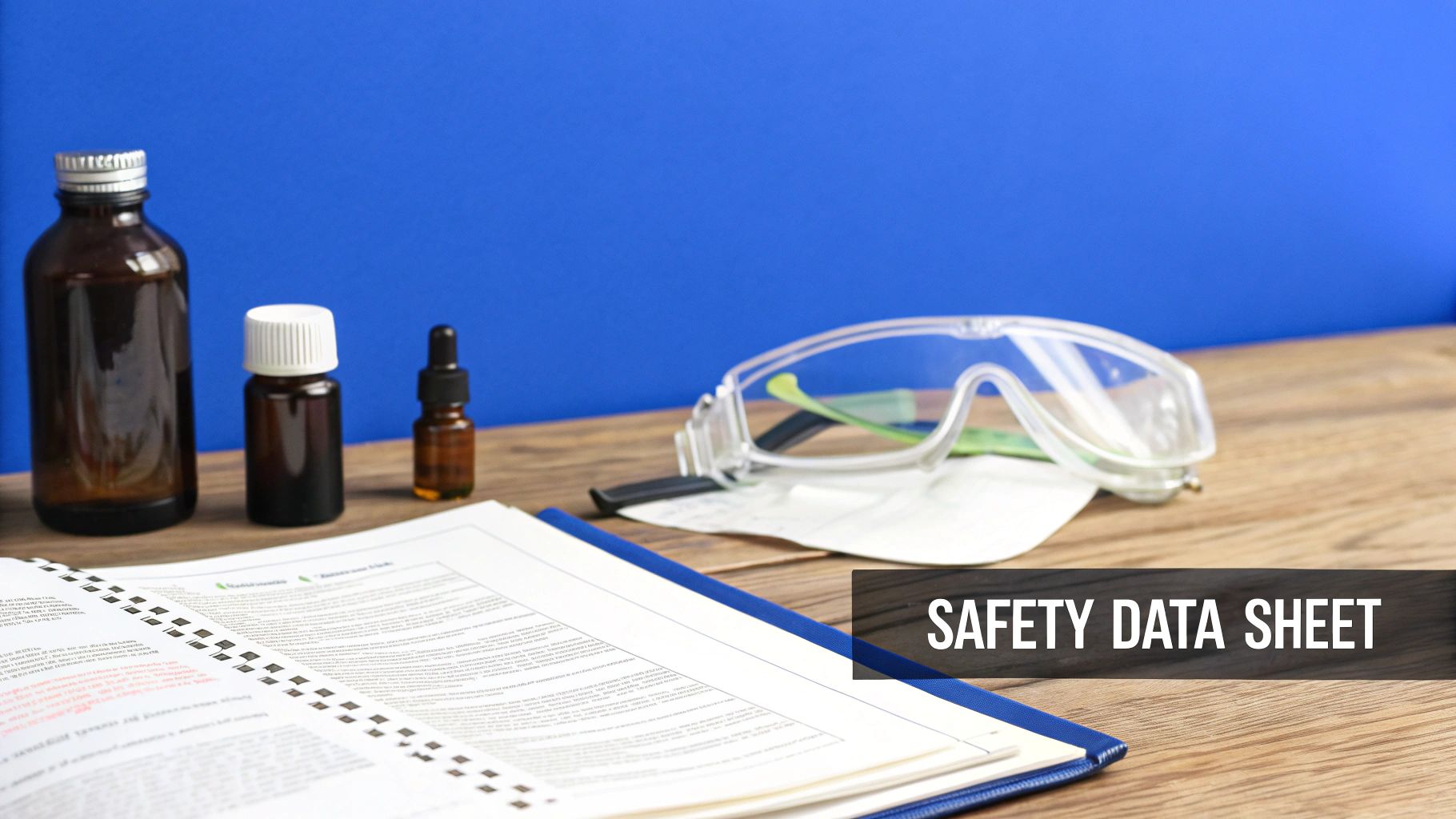 Safety data sheet, protective goggles, and chemical bottles on a wooden laboratory desk.