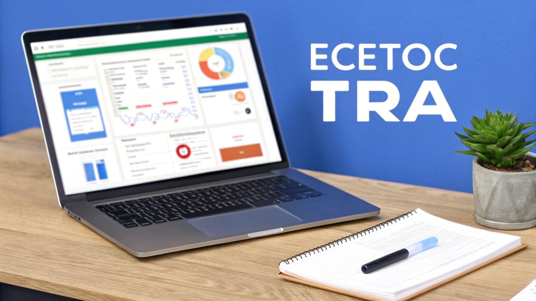 A workspace featuring a laptop displaying a dashboard, a notebook, a plant, and 'ECETOC TRA' text on a blue wall.