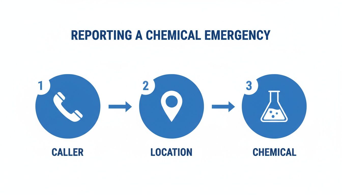 A three-step guide for reporting a chemical emergency, showing icons for caller, location, and chemical.