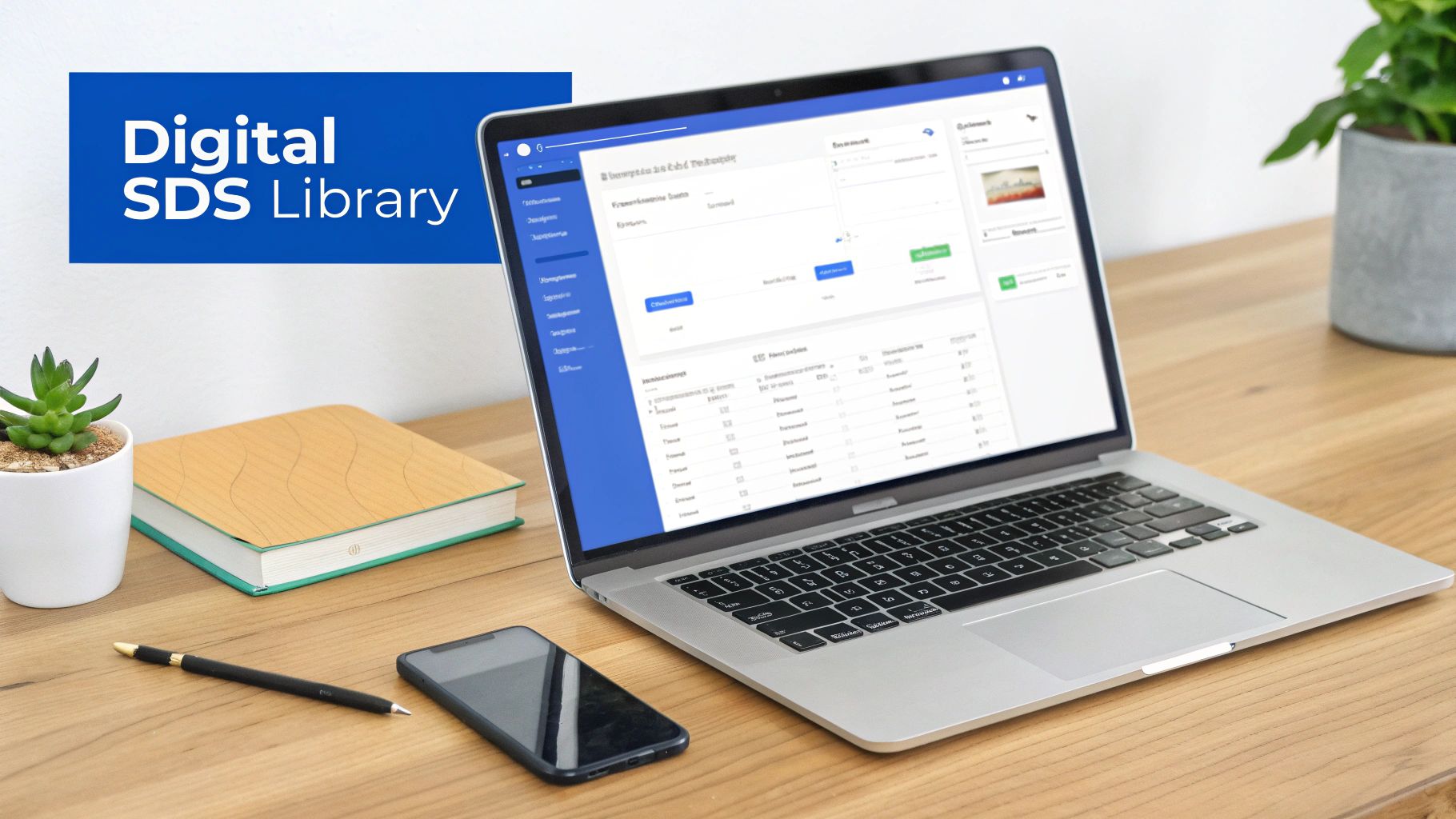 Digital SDS Library interface displayed on a laptop, with a plant, book, pen, and phone on a wooden desk.