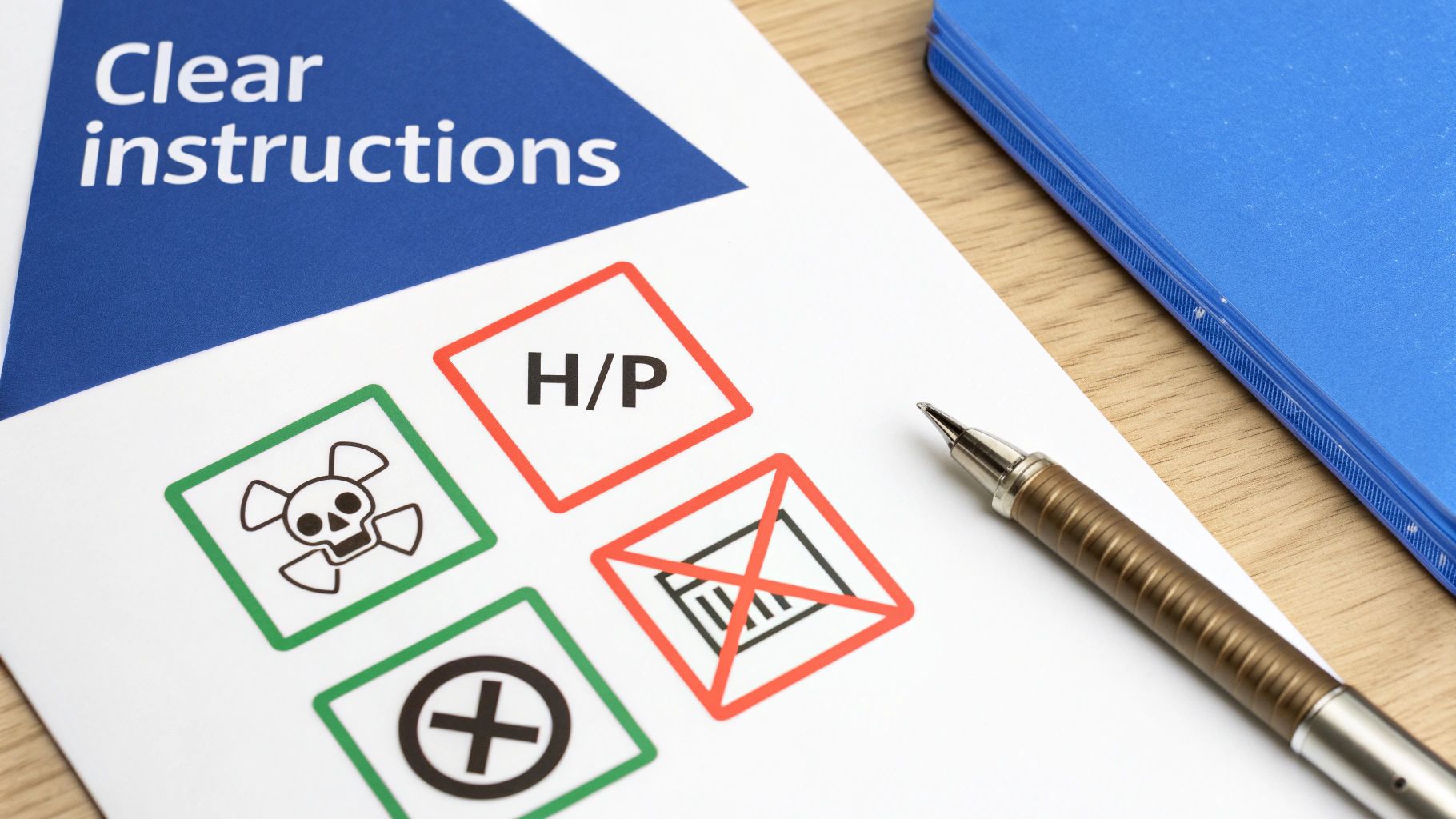 A document with 'Clear instructions' and safety symbols, a pen, and a blue notebook on a wooden desk.