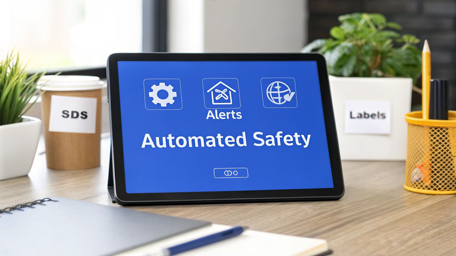 Tablet displaying 'Automated Safety' and safety icons, with an SDS coffee cup and labels on a desk.