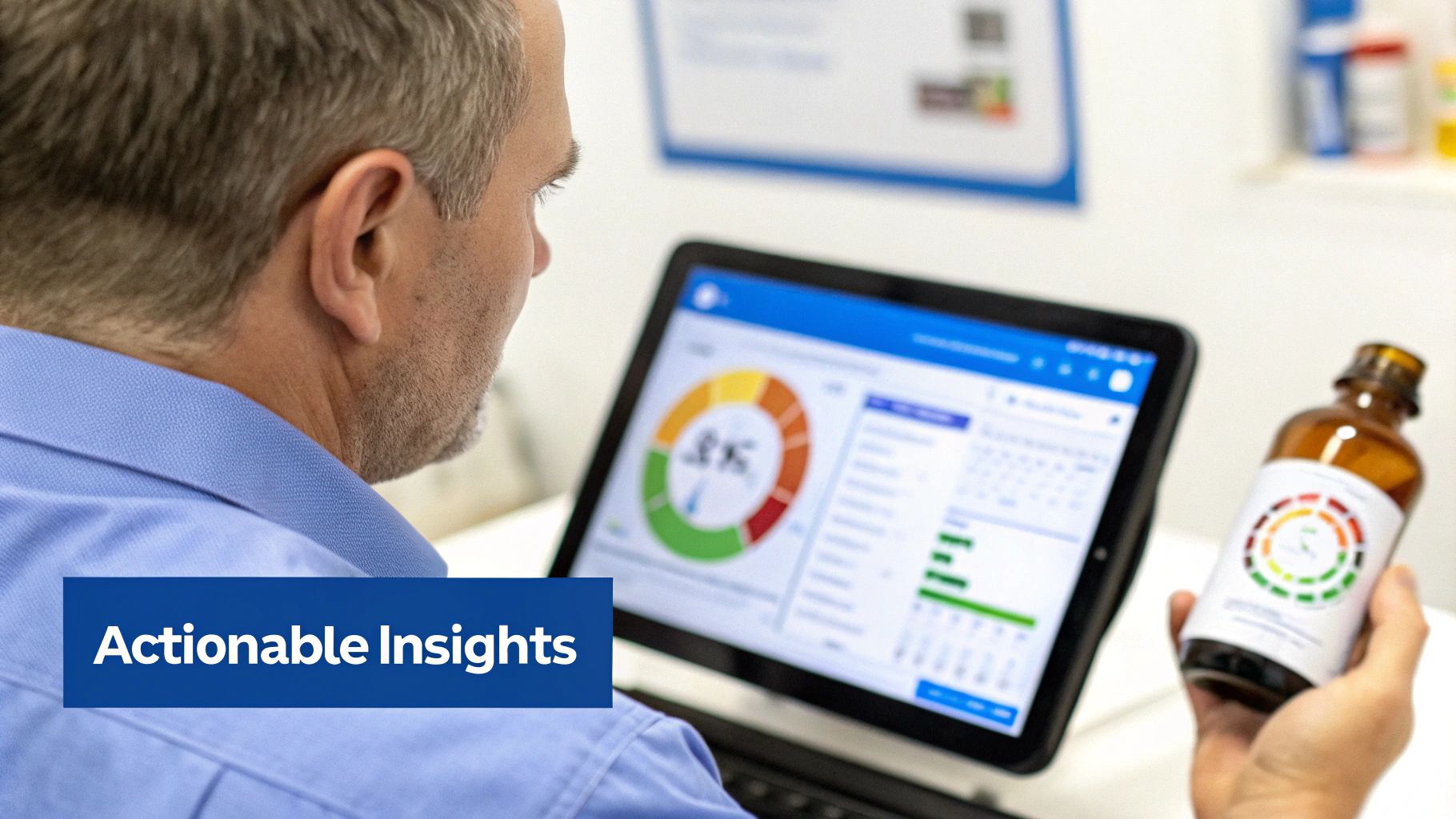 A man reviews health data on a tablet and holds a diagnostic results bottle.