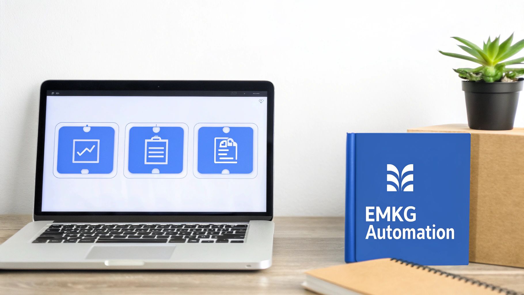 A laptop screen shows business icons next to a blue EMKG Automation book on a modern desk.
