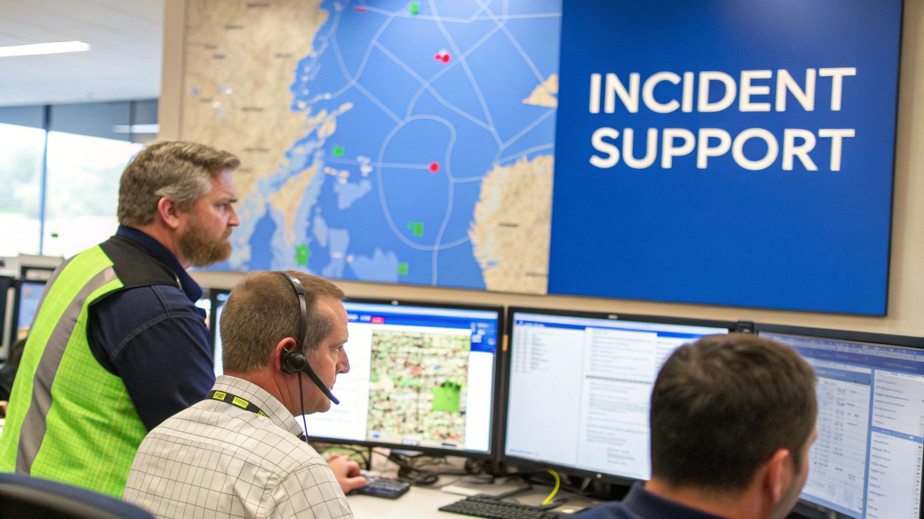 Control room with staff monitoring screens and a large