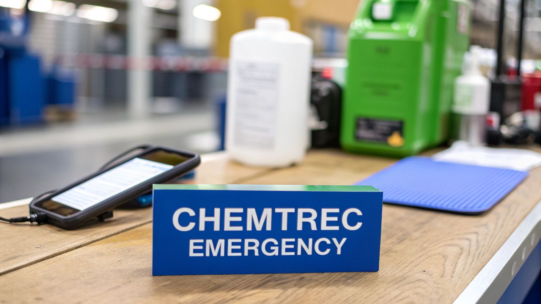A 'CHEMTREC EMERGENCY' sign, smartphone, and chemical containers on a table in an industrial setting.