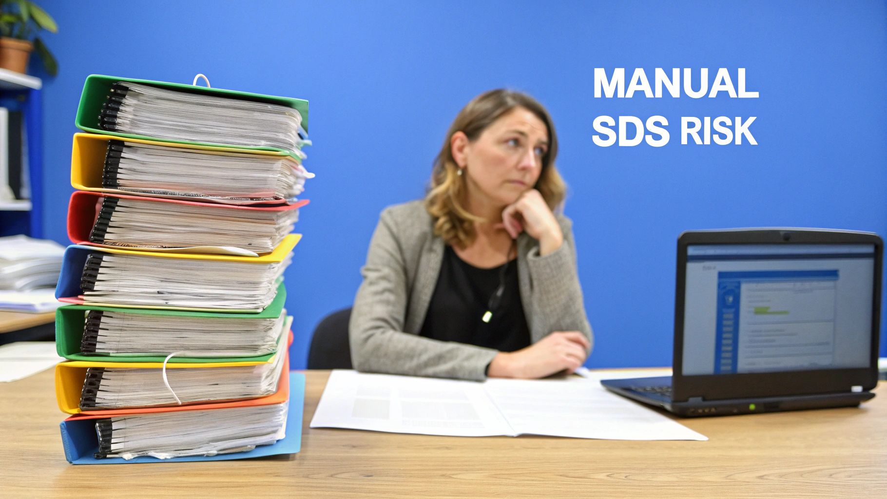 A pensive woman sits at a desk with a large stack of binders and a laptop, highlighting 