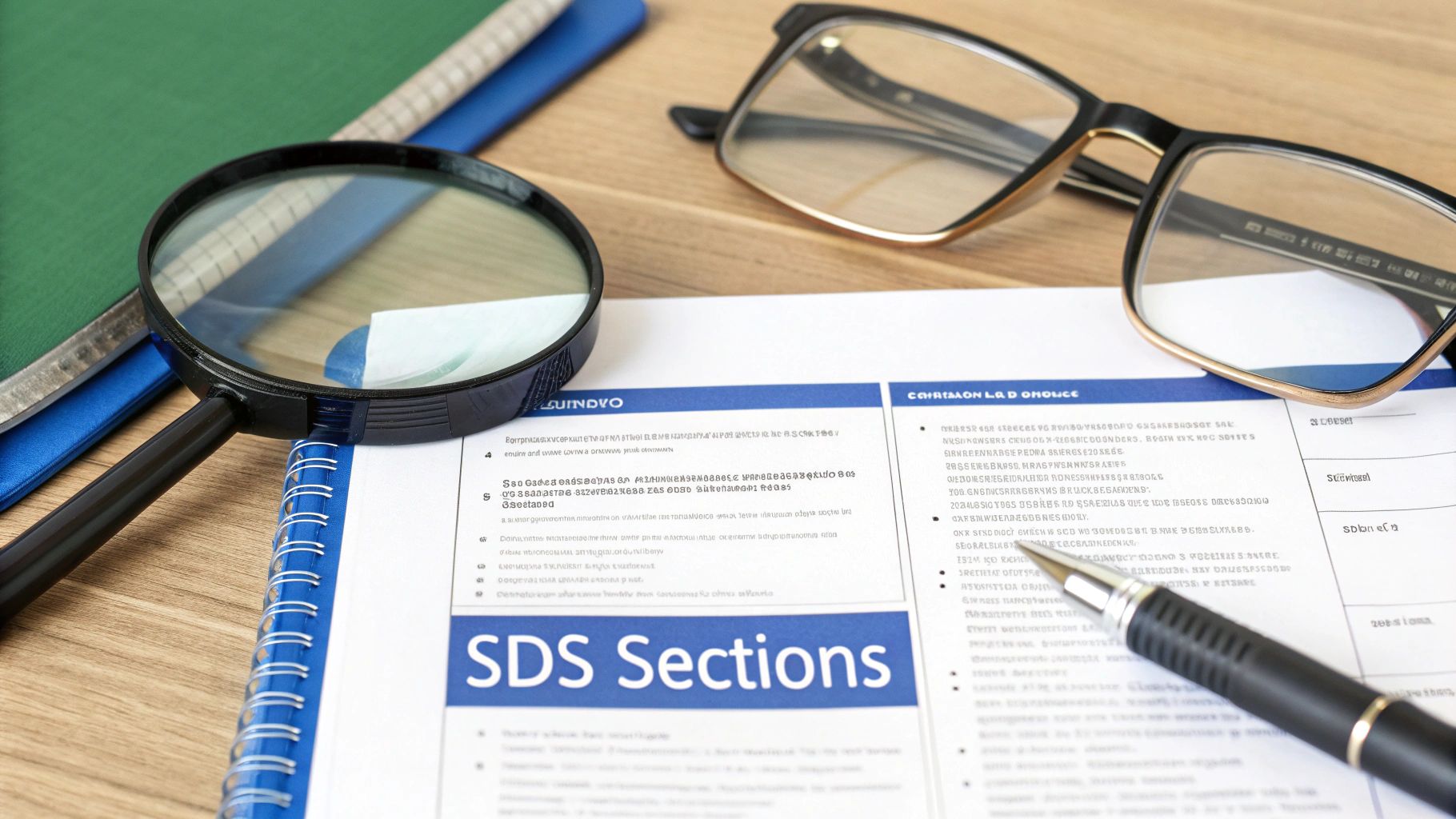 A magnifying glass, pen, and glasses on a document showing 'SDS Sections' next to notebooks, on a wooden desk.
