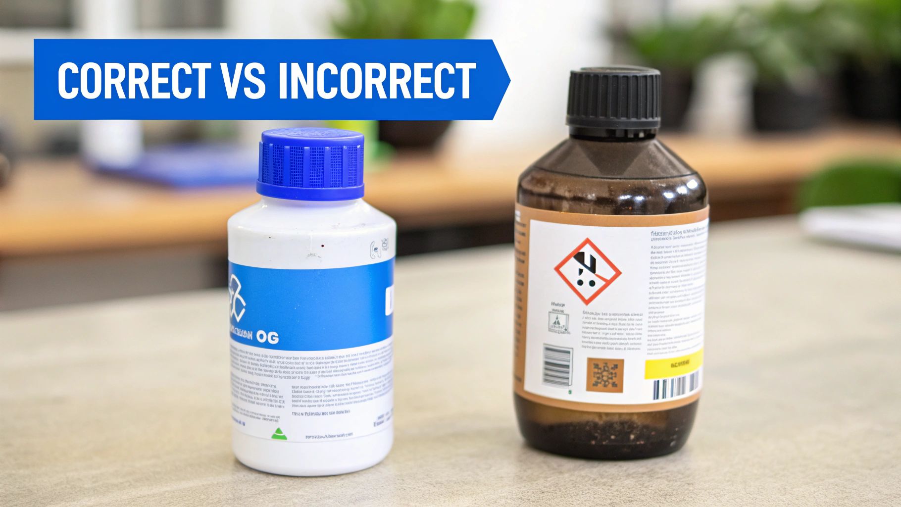 Close-up of two chemical bottles on a counter, illustrating correct vs incorrect safety labeling.