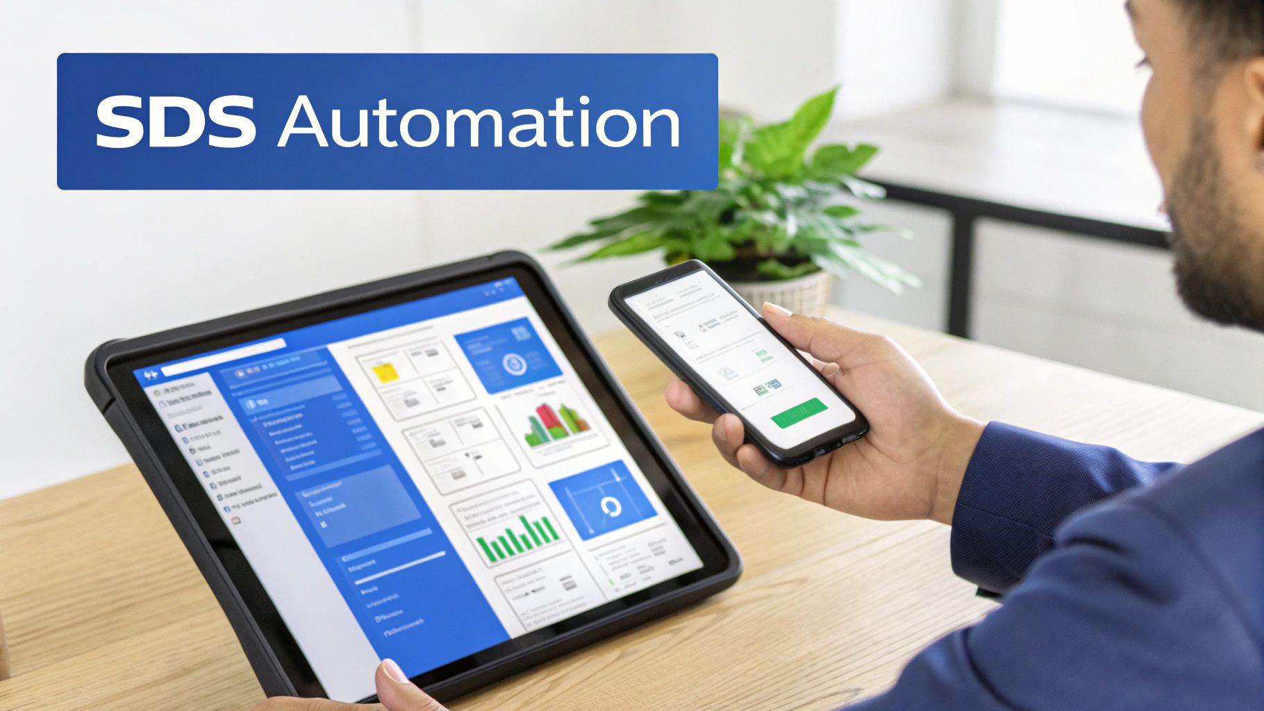 Person interacting with SDS automation software on a tablet and a smartphone.