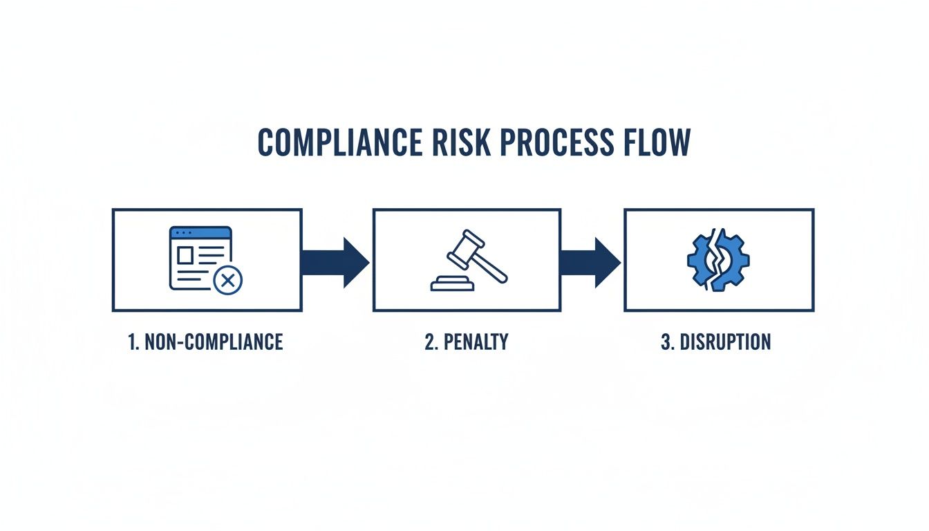 A compliance risk process flow illustrating that non-compliance leads to penalty, resulting in disruption.