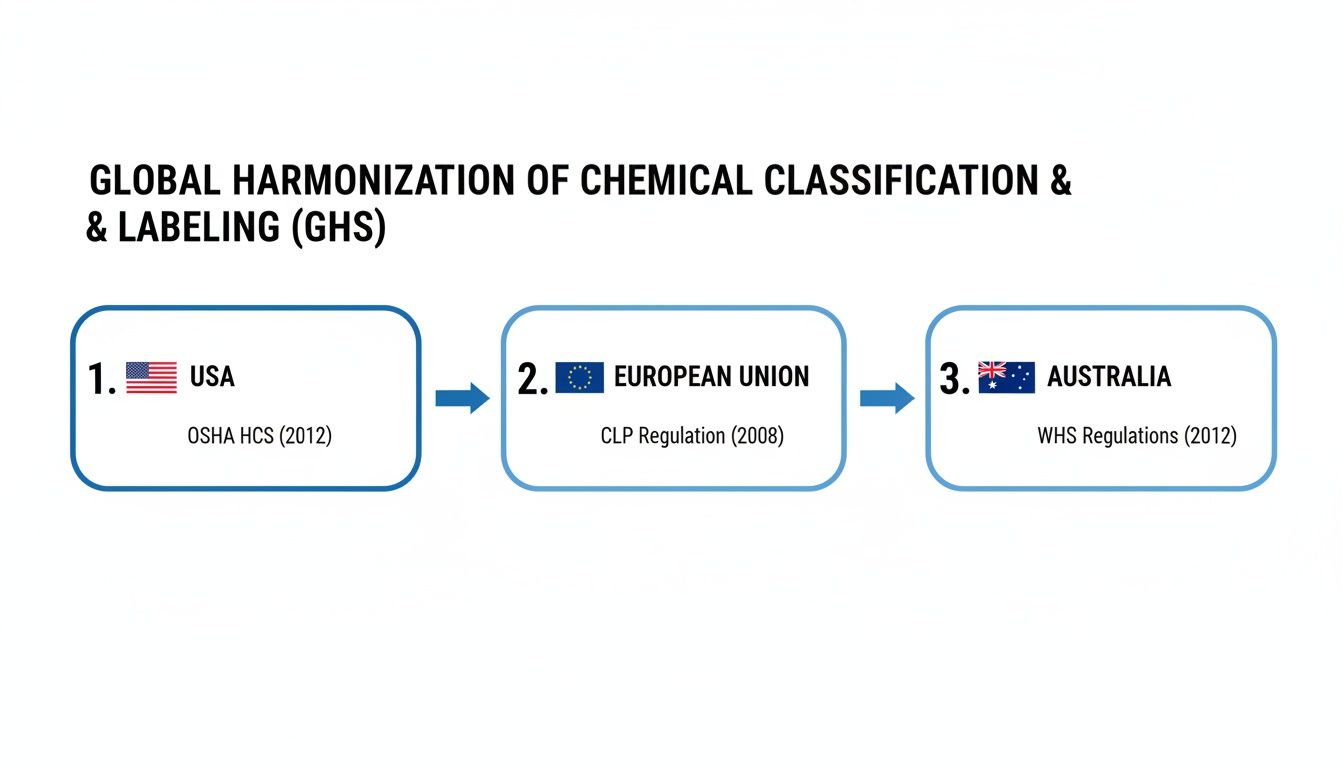 Flowchart detailing global harmonization of chemical classification and labeling (GHS) across USA, EU, and Australia.