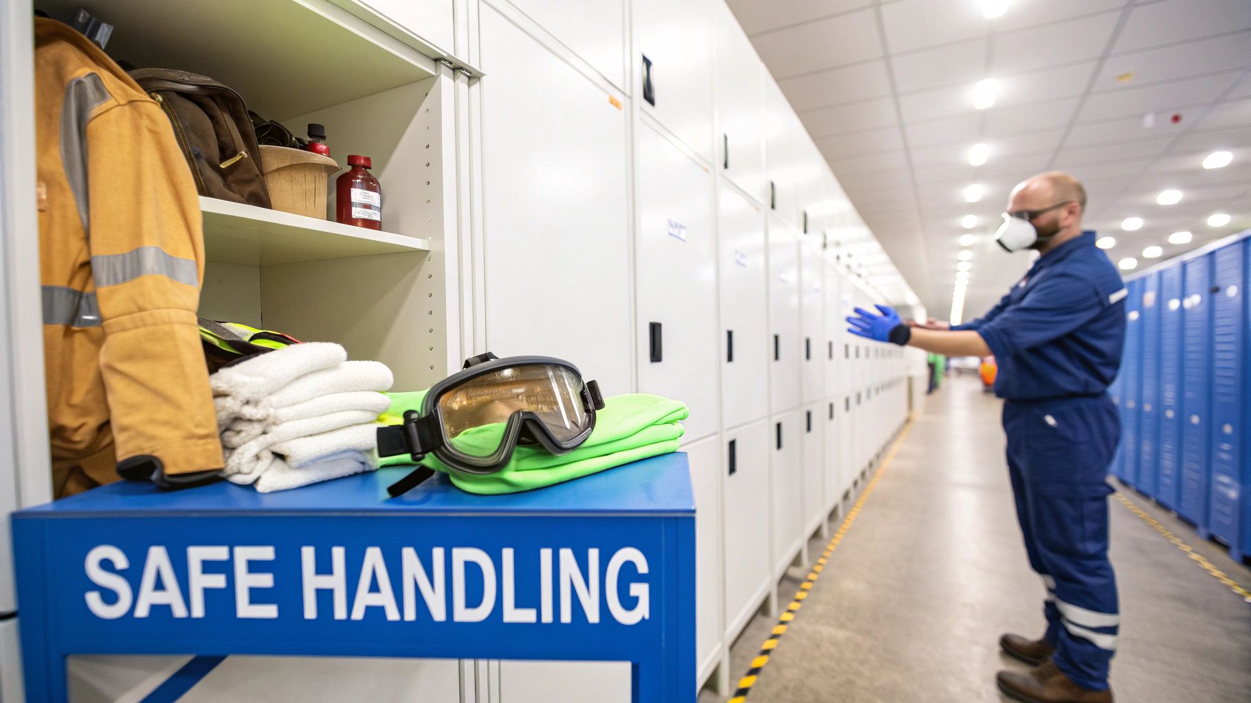 Worker with mask and gloves in a locker room, with safety gear on a 'SAFE HANDLING' stand.
