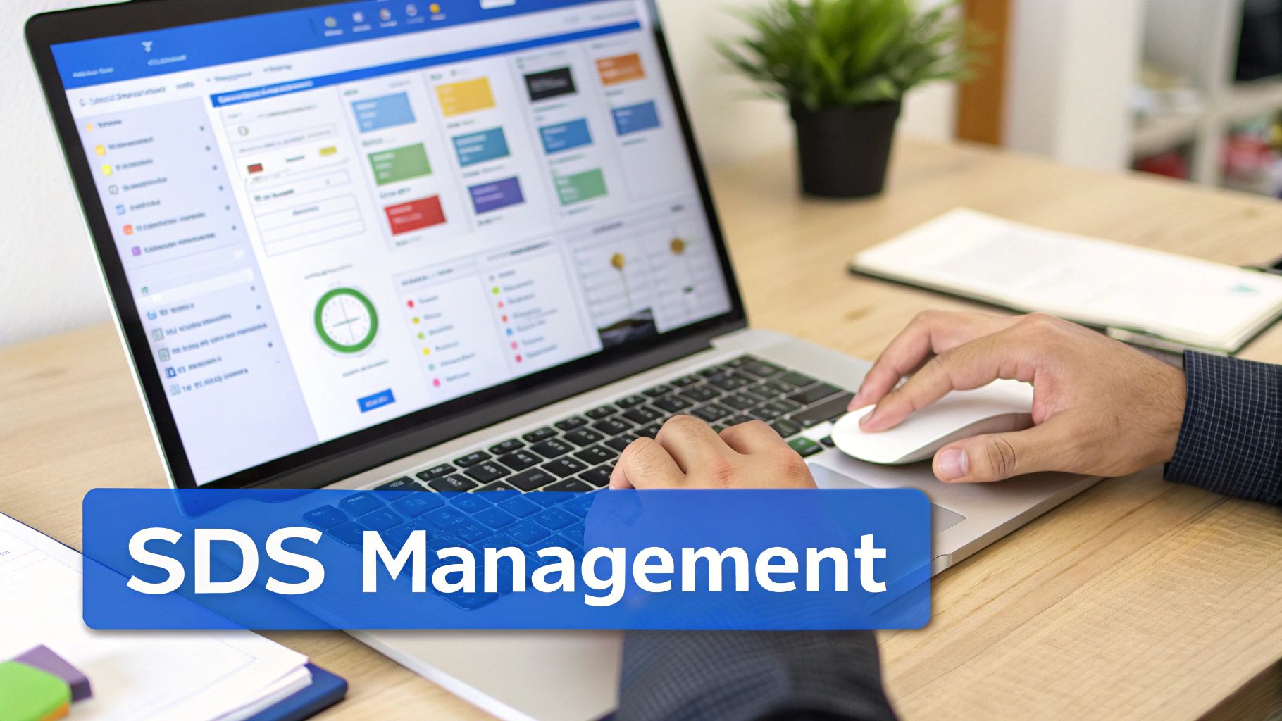 Hands operating a laptop displaying an SDS Management system dashboard on a wooden desk.