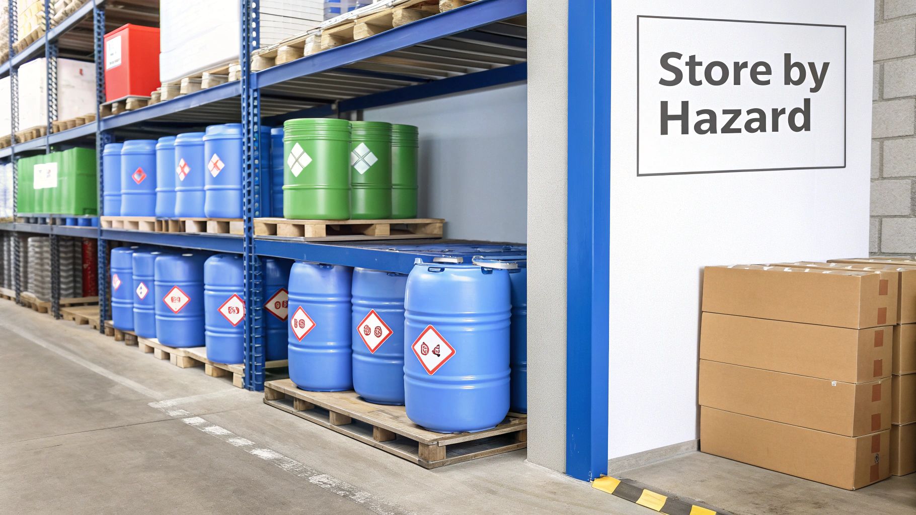 Industrial warehouse showing hazardous chemical drums on racks with a