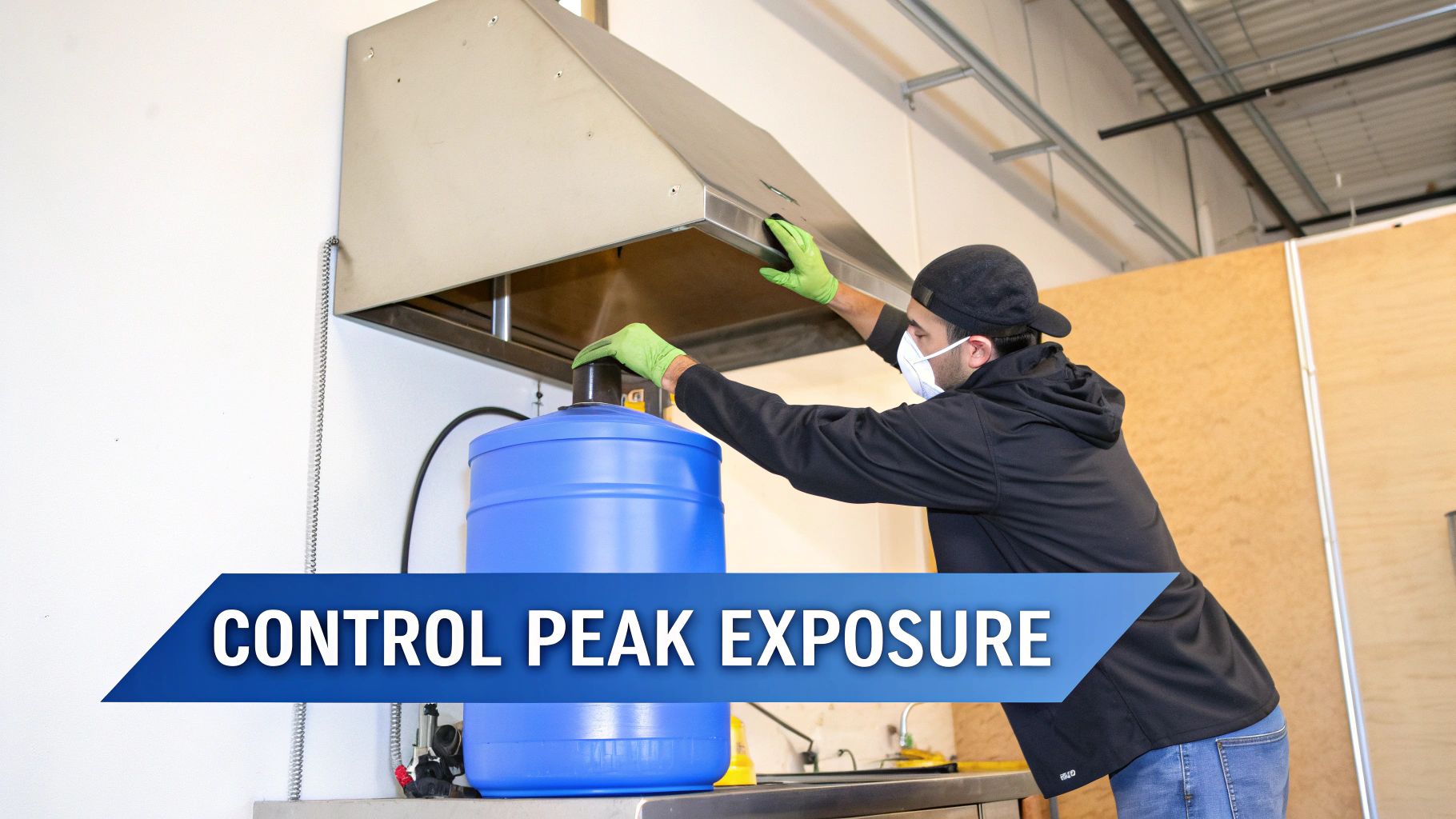 A person wearing a mask and green gloves handles a blue barrel under a range hood, controlling exposure.
