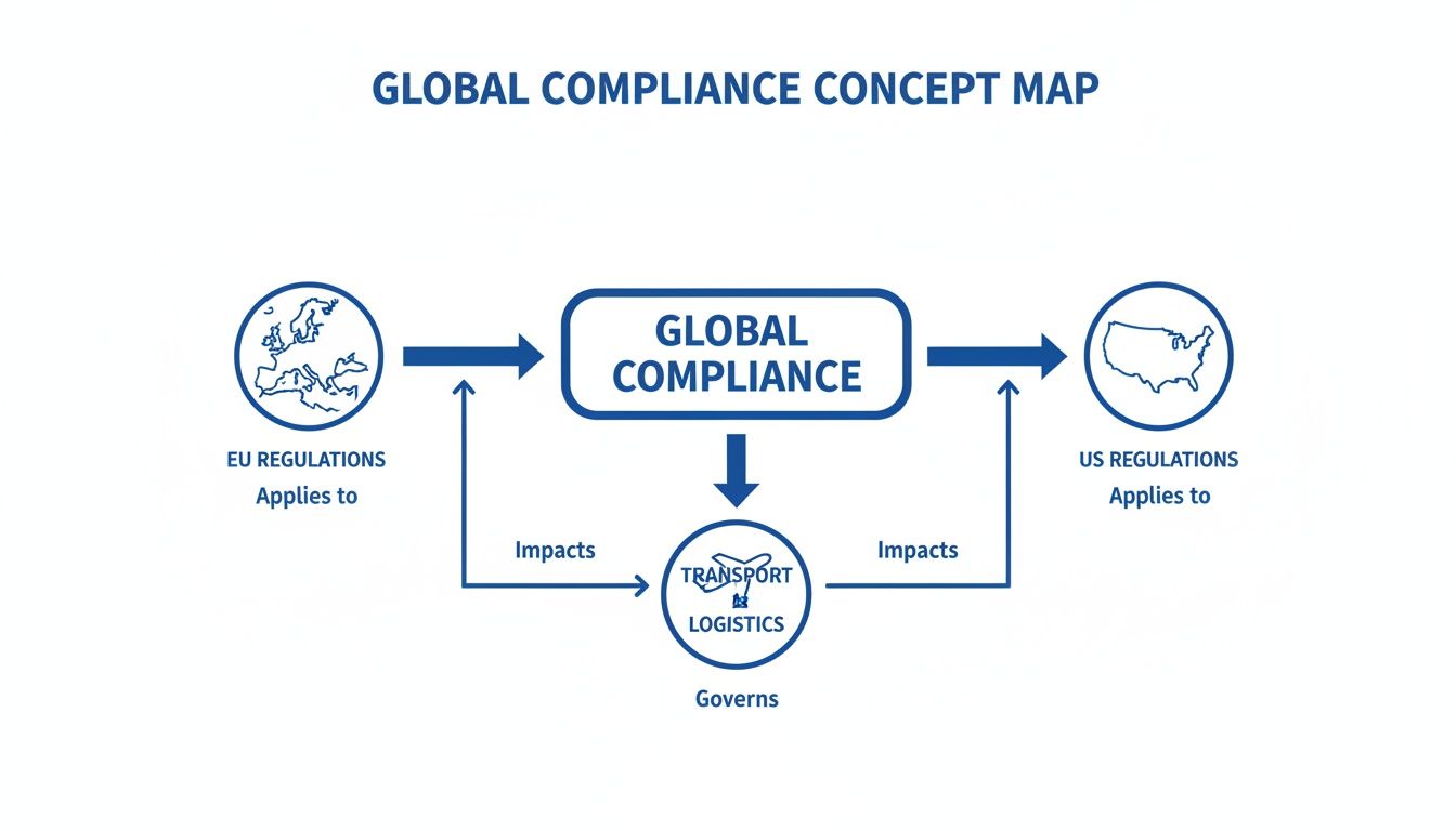 A concept map showing global compliance impacting transport and logistics, with connections to EU and US regulations.