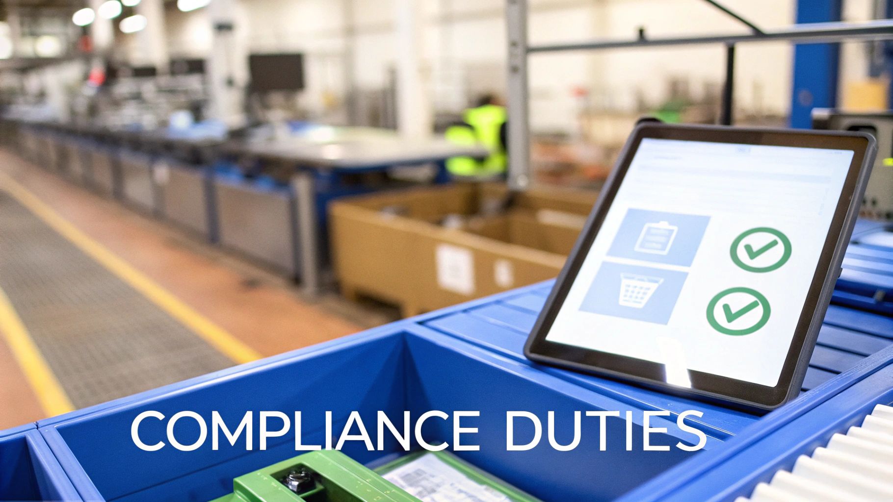 A tablet displays compliance duties with checkmarks and icons in an industrial factory setting.
