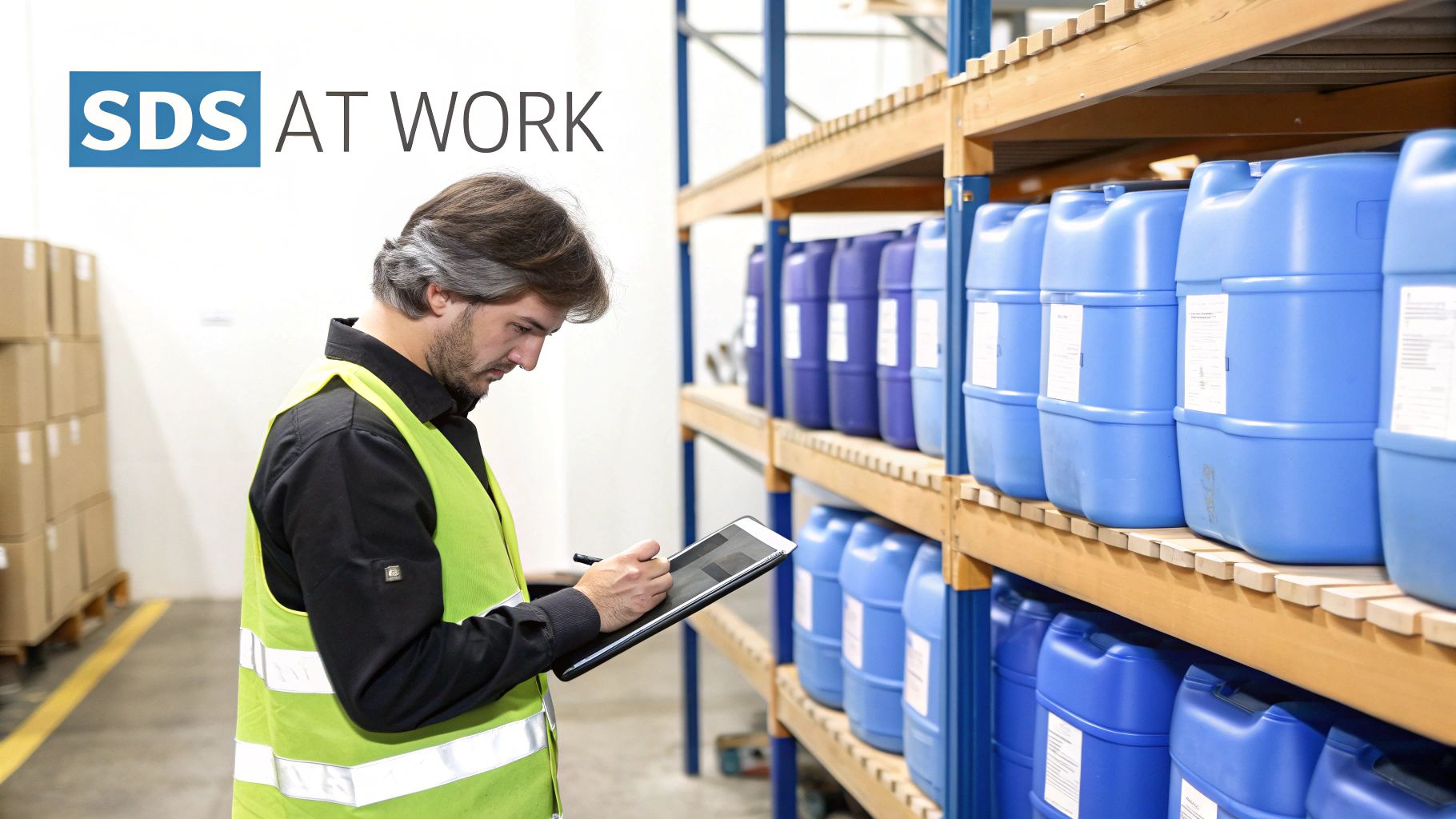 A warehouse worker in a high-vis vest digitally checks safety data sheets (SDS) on a tablet near chemical drums.