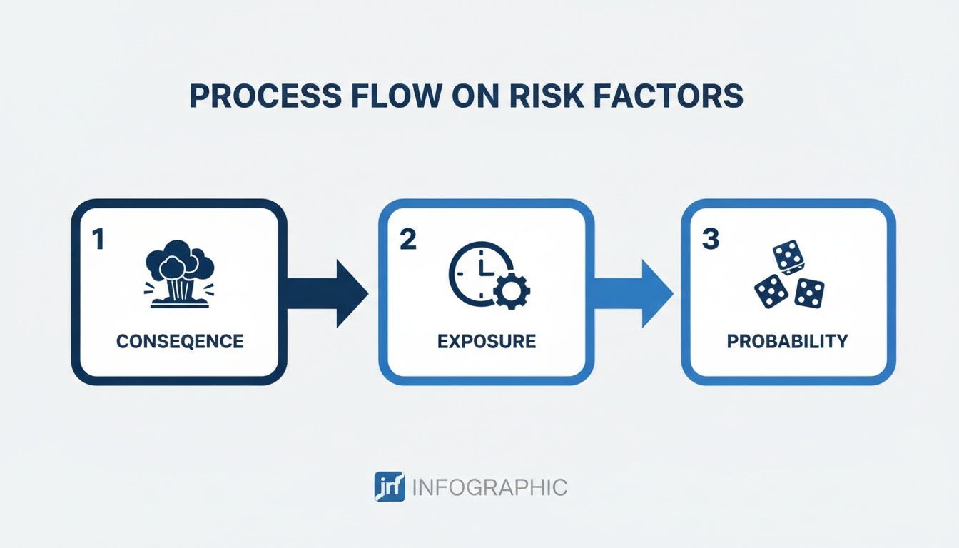 A process flow diagram illustrating risk factors, showing Consequence, Exposure, and Probability as sequential steps.
