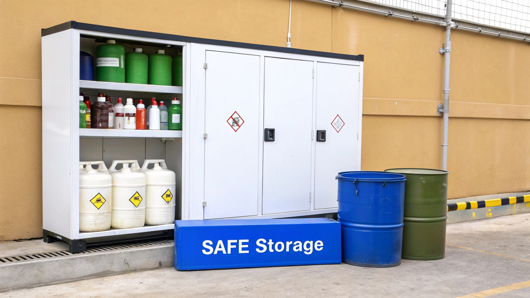 A white chemical storage cabinet with hazard labels, containing various containers and drums, labeled 'SAFE Storage'.
