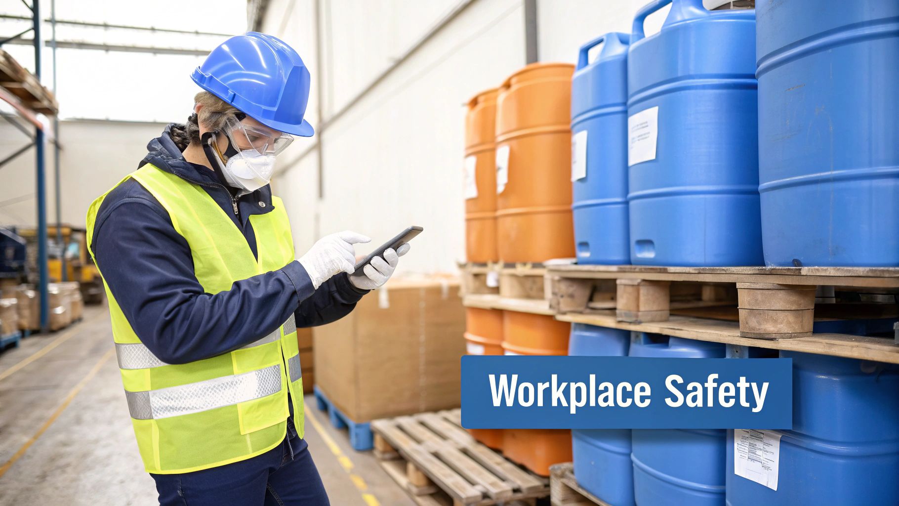 Worker in safety gear and mask uses a smartphone in a warehouse with chemical barrels, illustrating workplace safety.