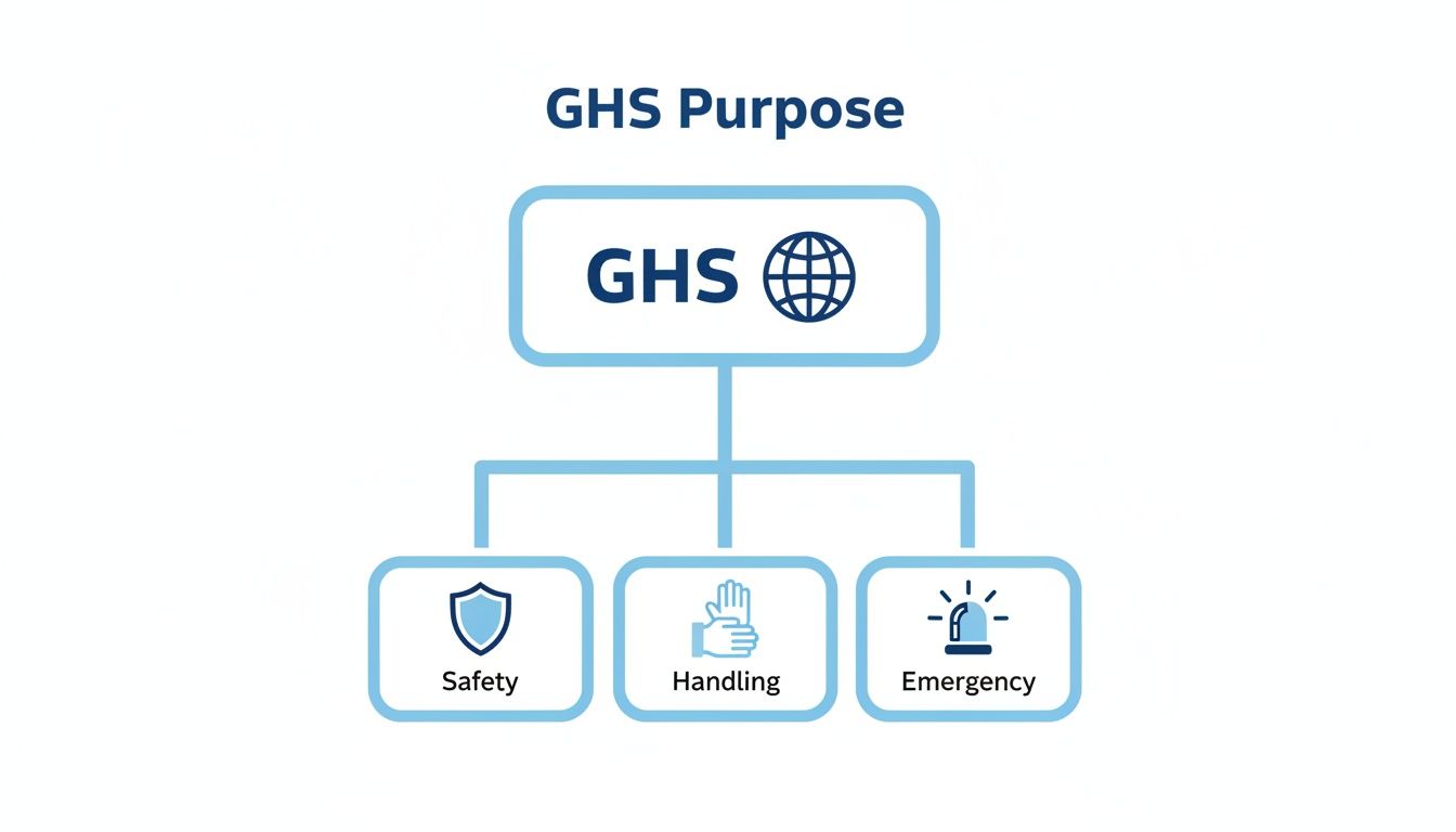 GHS purpose diagram illustrating safety, handling, and emergency principles with icons.