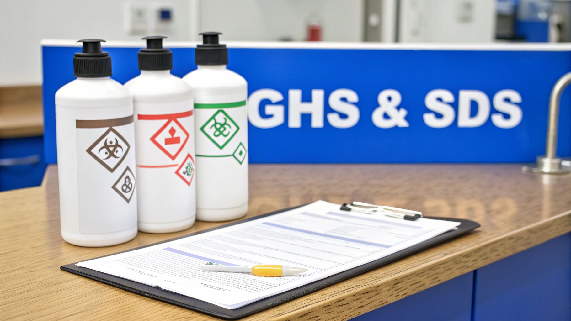 Chemical safety setup with GHS labeled bottles, clipboard, pen, and a 'GHS & SDS' sign.