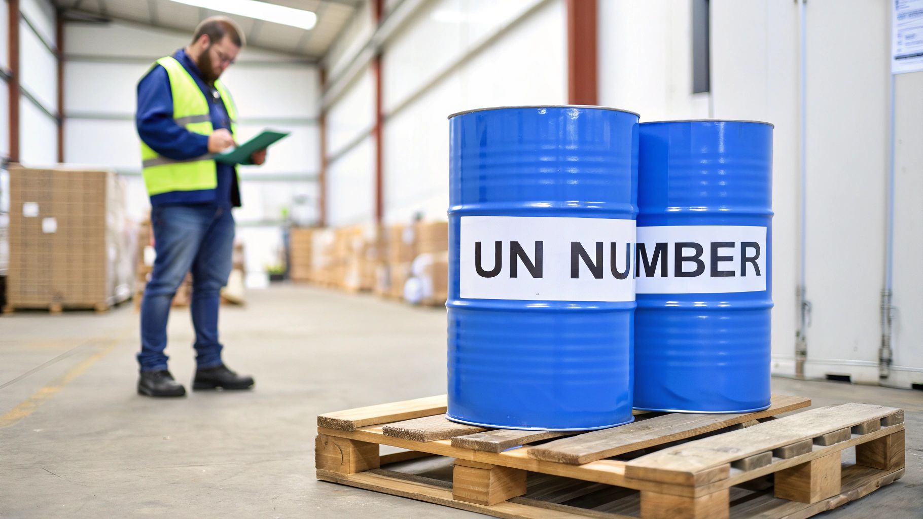 Man in safety vest inspecting blue drums with UN NUMBER labels on a pallet in a warehouse.