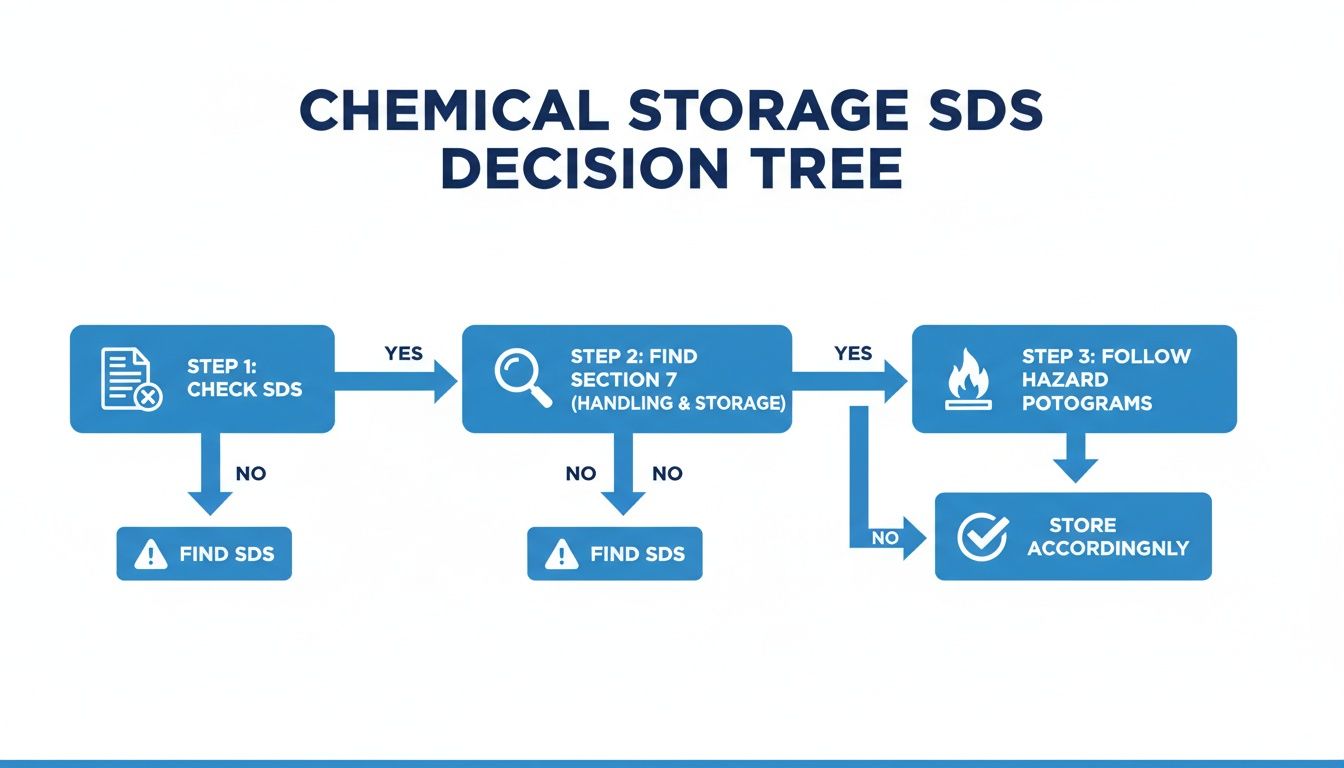 A chemical storage SDS decision tree flowchart showing steps for handling and storing chemicals safely.