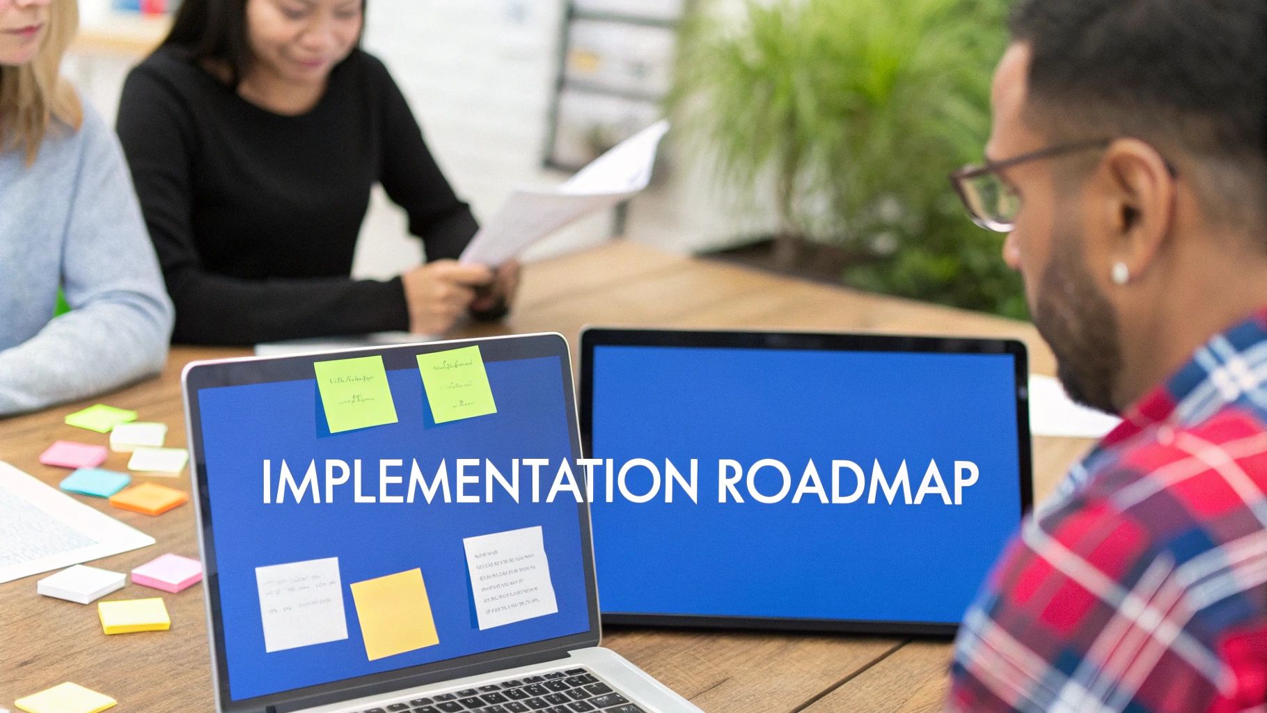 Professionals collaborate around laptops showing an 'Implementation Roadmap' and brainstorming notes.