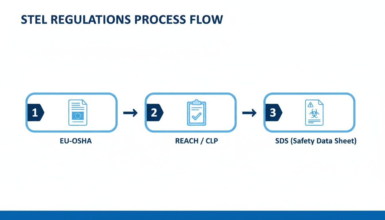 Flowchart illustrating the STEL regulations process from EU-OSHA to REACH/CLP and SDS (Safety Data Sheet).