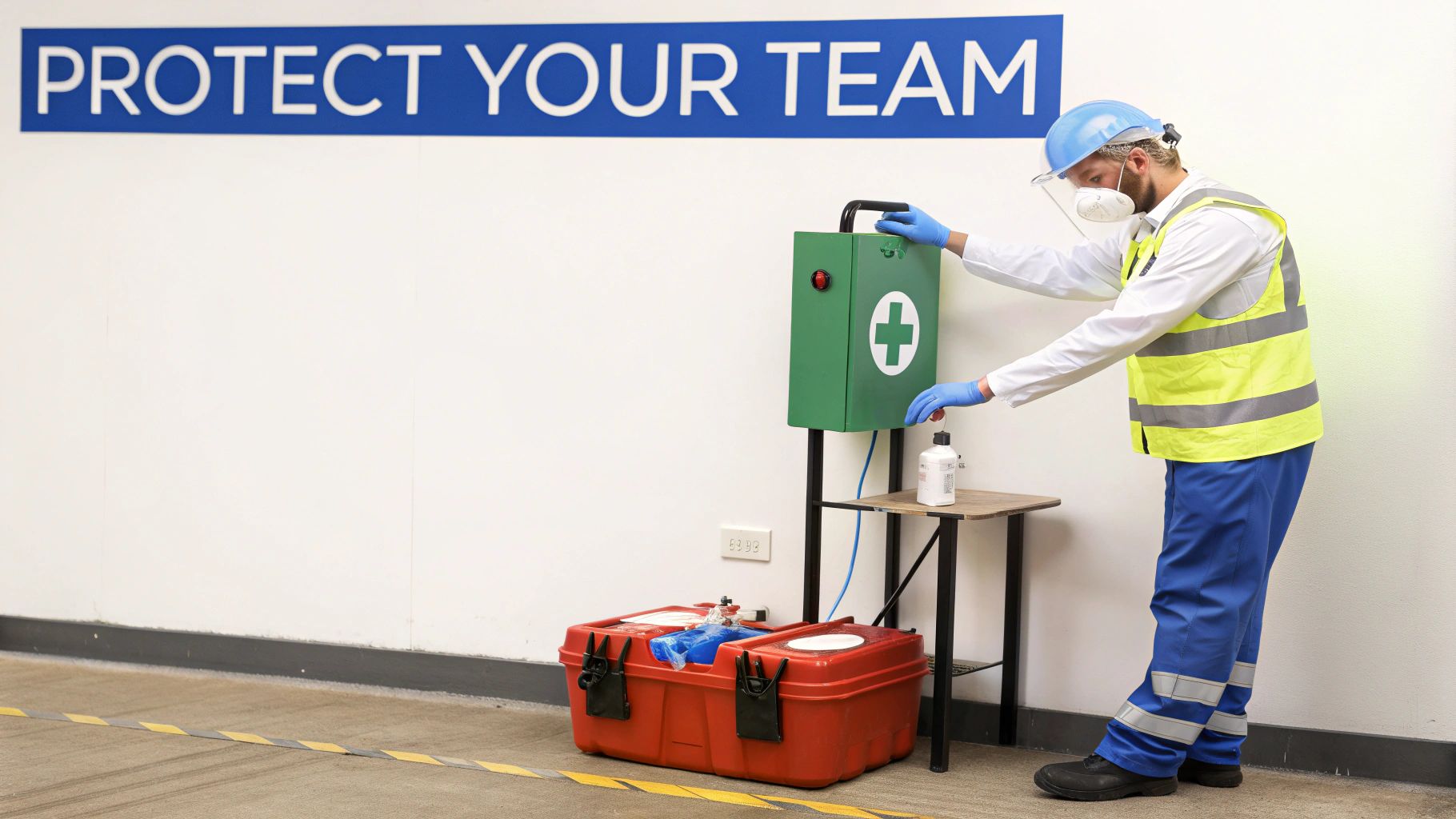 A worker in safety gear with a face shield is using a first aid station.