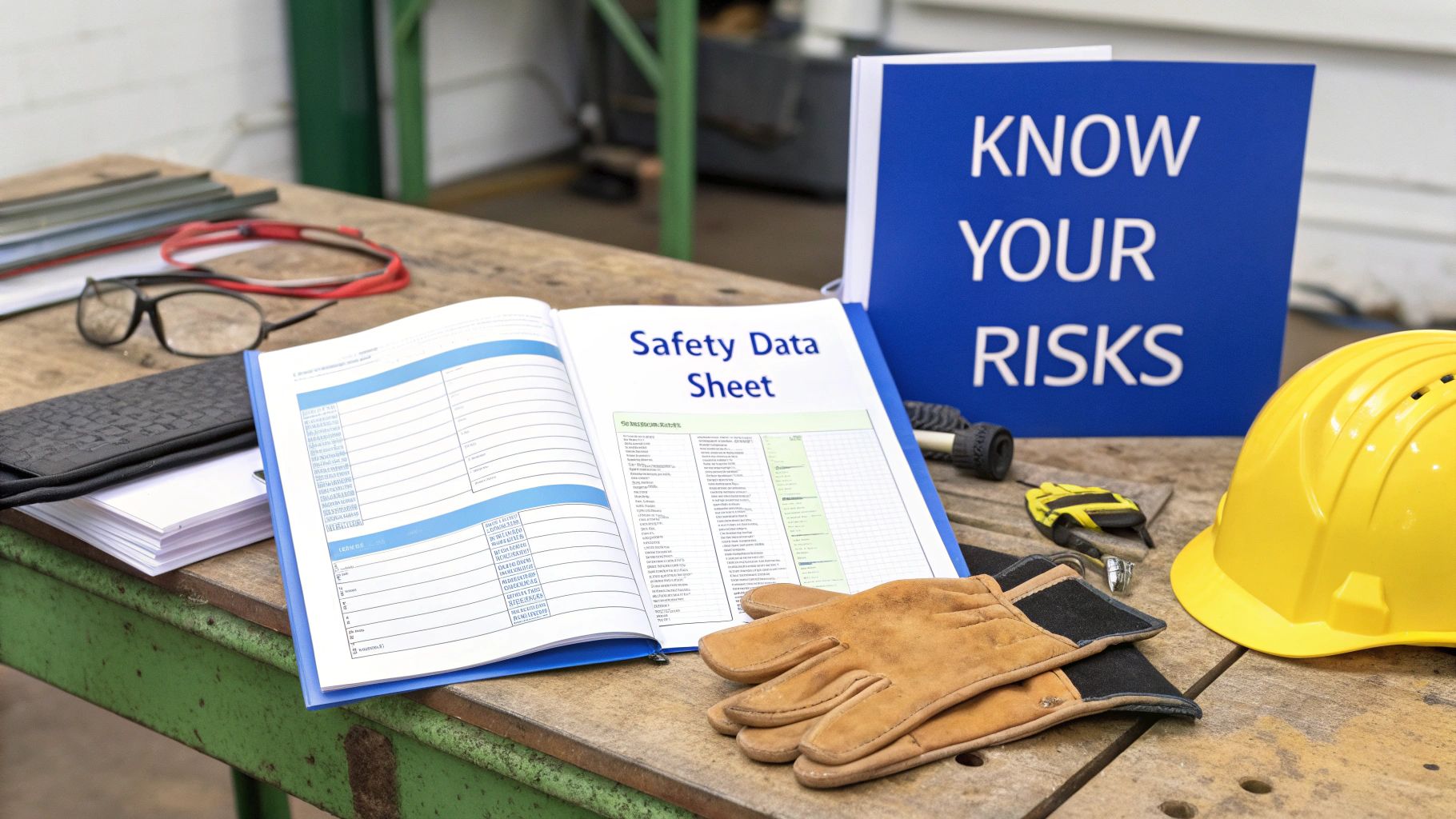 Workplace safety essentials: Safety Data Sheet, 'Know Your Risks' sign, hard hat, and gloves.