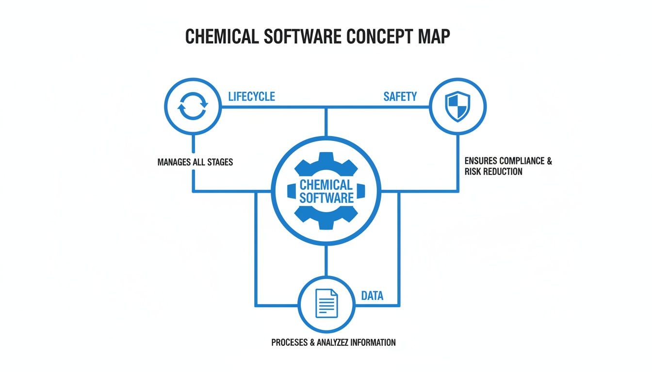 A concept map illustrating Chemical Software's functions: Lifecycle management, Safety, and Data processing.