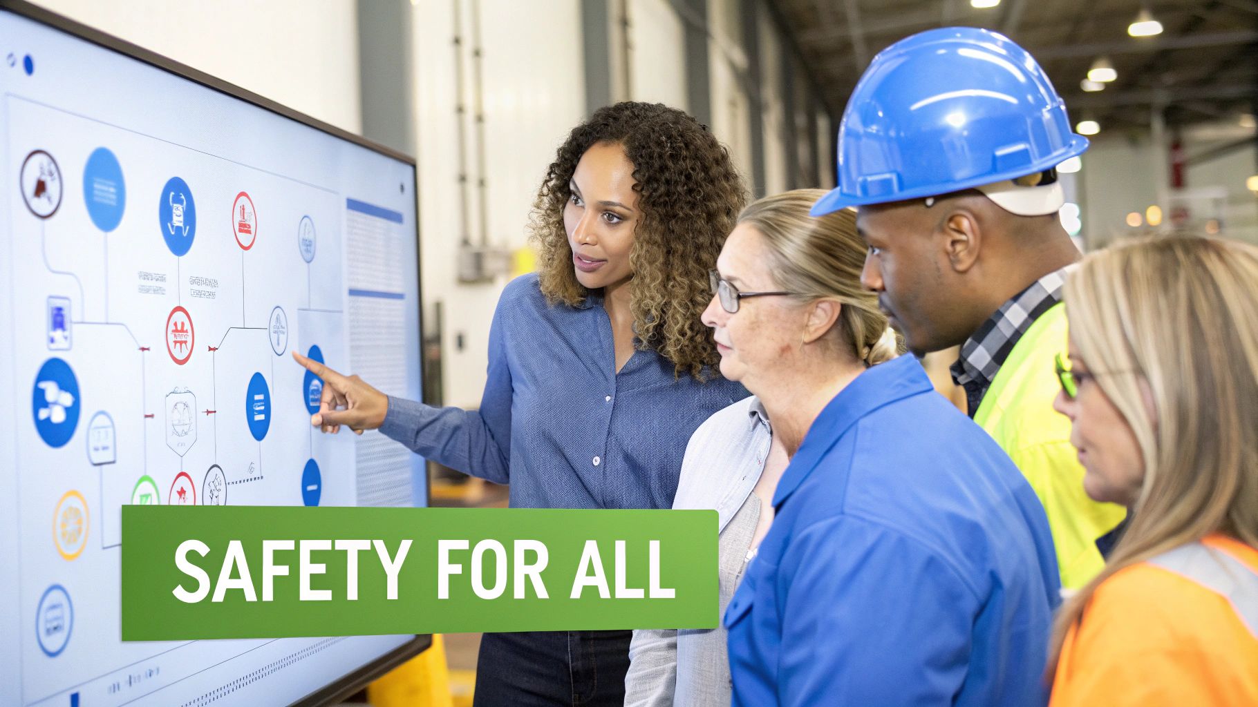 Diverse workers in an industrial setting review safety procedures on a large digital display.