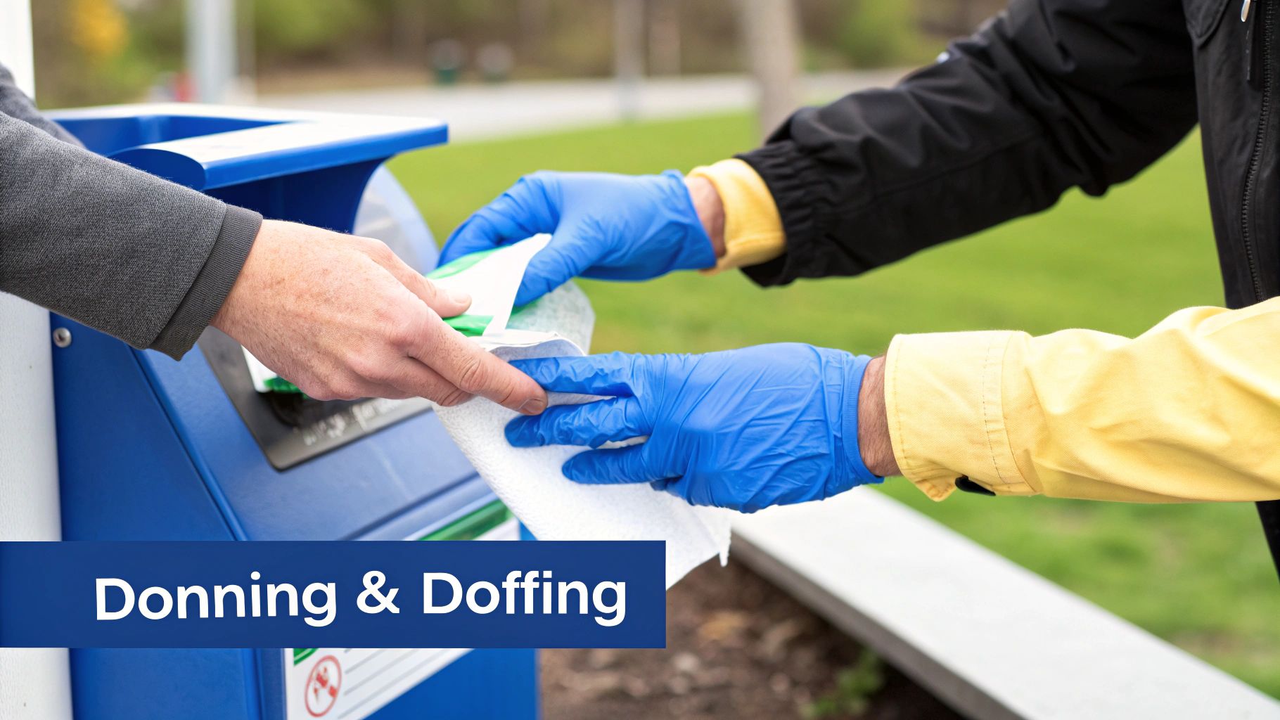 Hands demonstrating doffing personal protective equipment (PPE) with a wipe from a dispenser.