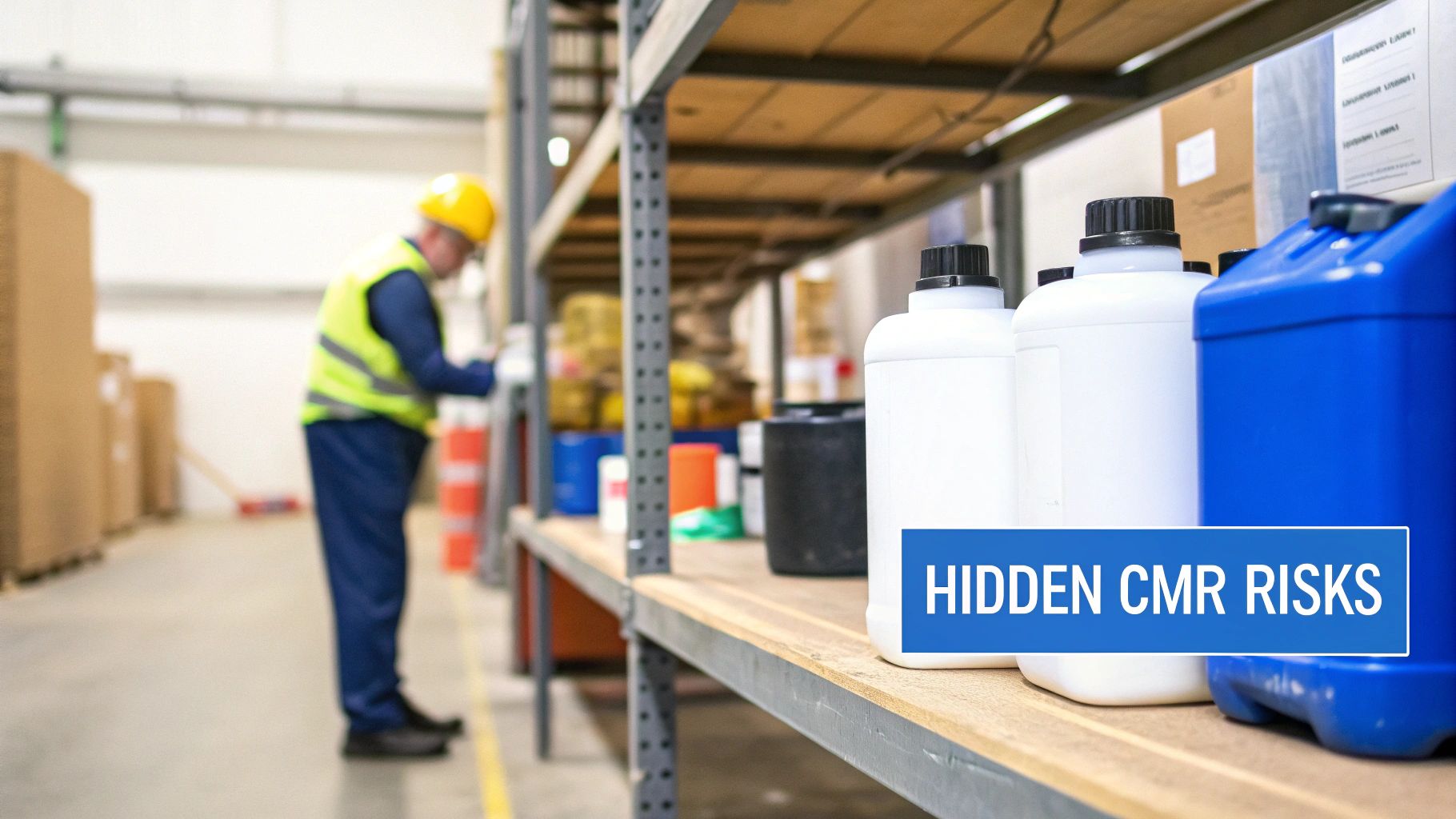 A worker in a warehouse inspecting shelves with white and blue chemical containers, illustrating 'Hidden CMR Risks'.