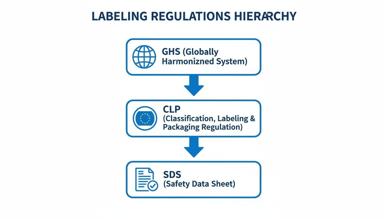 Hierarchy of labeling regulations showing GHS, CLP, and SDS standards for chemical safety globally and in the EU.