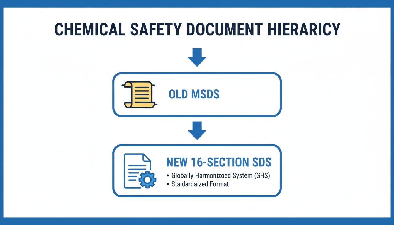 Chemical safety document hierarchy illustrating the transition from old MSDS to the new 16-section SDS, featuring GHS and standardized format.