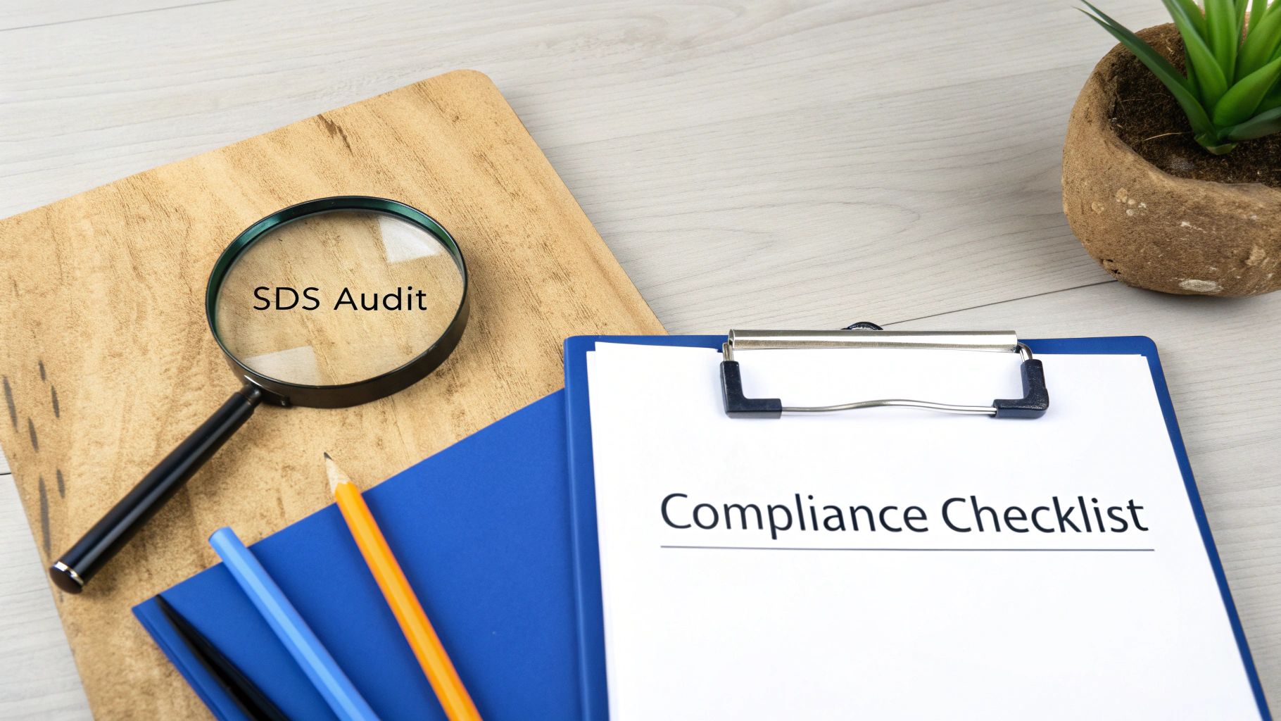 A magnifying glass highlighting 'SDS Audit' next to a 'Compliance Checklist' on a clipboard.