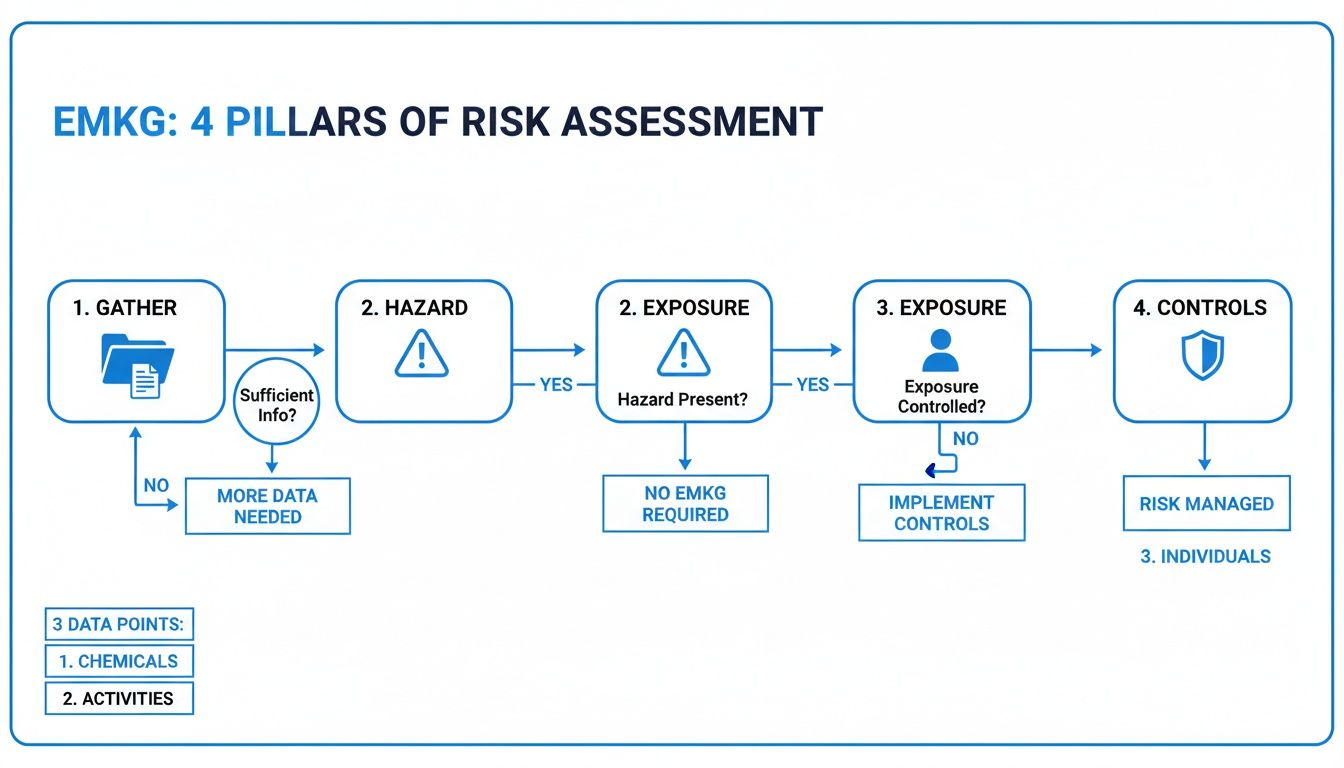 Flowchart illustrating the EMKG 4 Pillars of Risk Assessment process, covering data gathering, hazard, exposure, and controls.