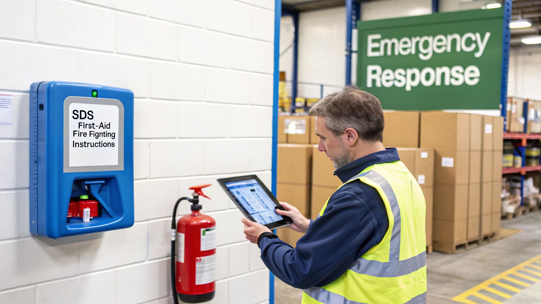 Worker in high-vis vest reviews information on tablet next to SDS safety station in a warehouse.