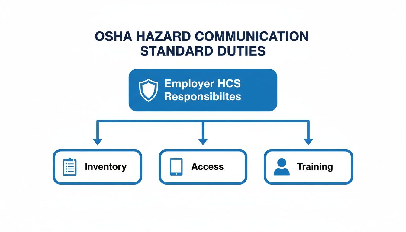 Flowchart detailing OSHA Hazard Communication Standard duties for employers: inventory, access, and training.