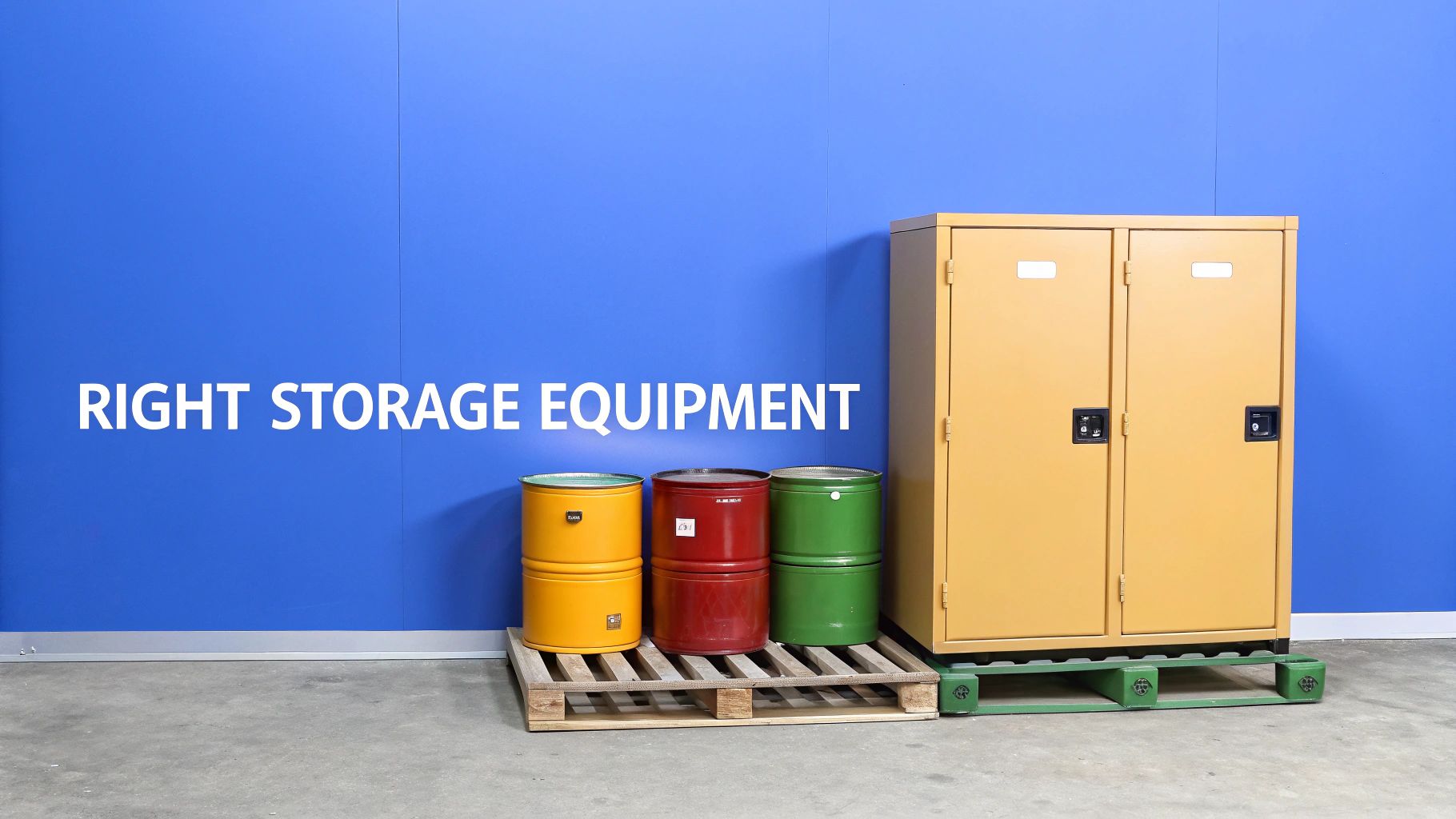 Colorful storage drums on wooden pallet and a yellow storage cabinet on a green pallet against a blue wall.