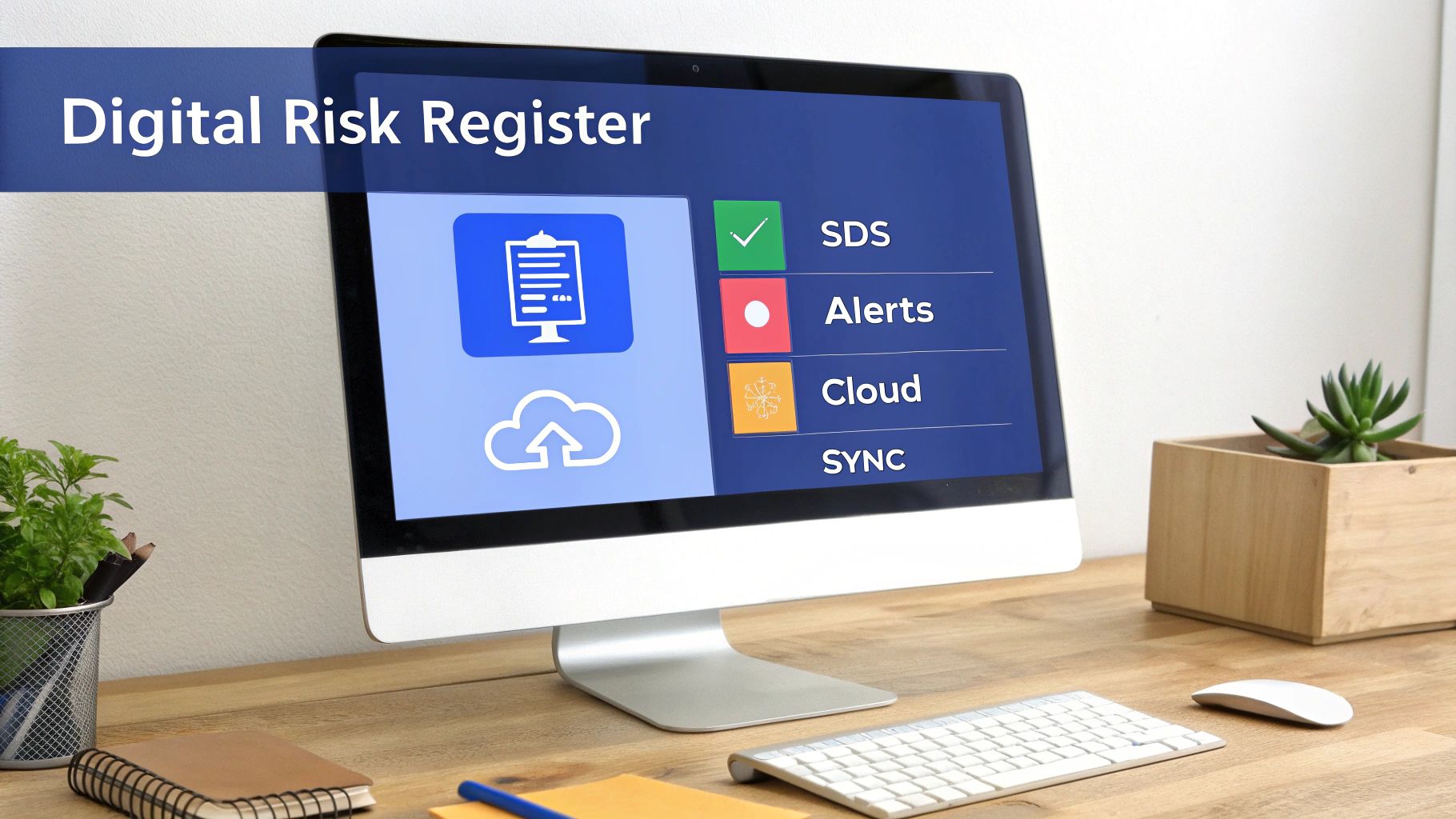 Desktop computer displaying a 'Digital Risk Register' interface with SDS, Alerts, Cloud, and Sync features.