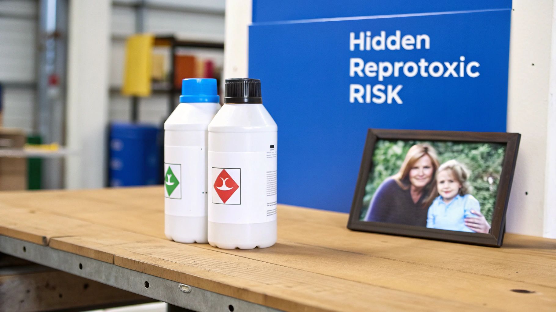 Chemical bottles with hazard labels and a family photo illustrate hidden reprotoxic risk.