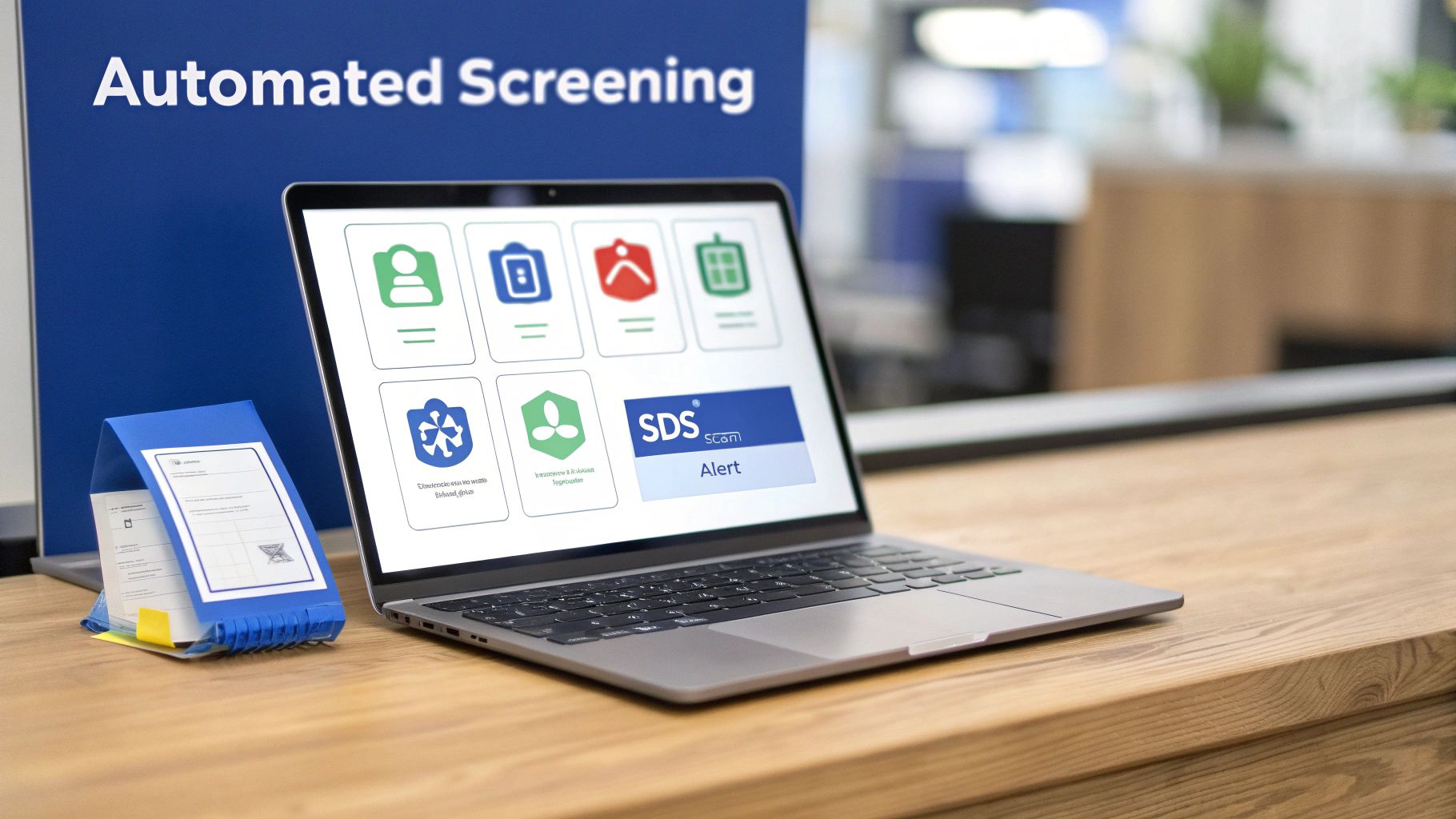 A laptop displays automated screening software with various icons and an SDS Scan Alert.