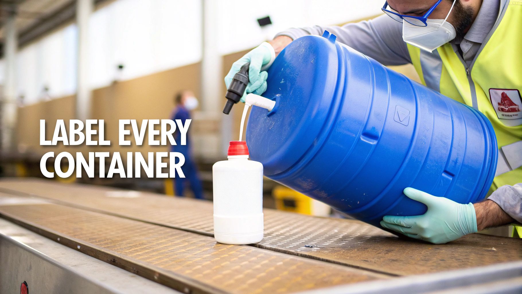 A worker in gloves and a mask pours liquid from a large blue barrel into a small white bottle.