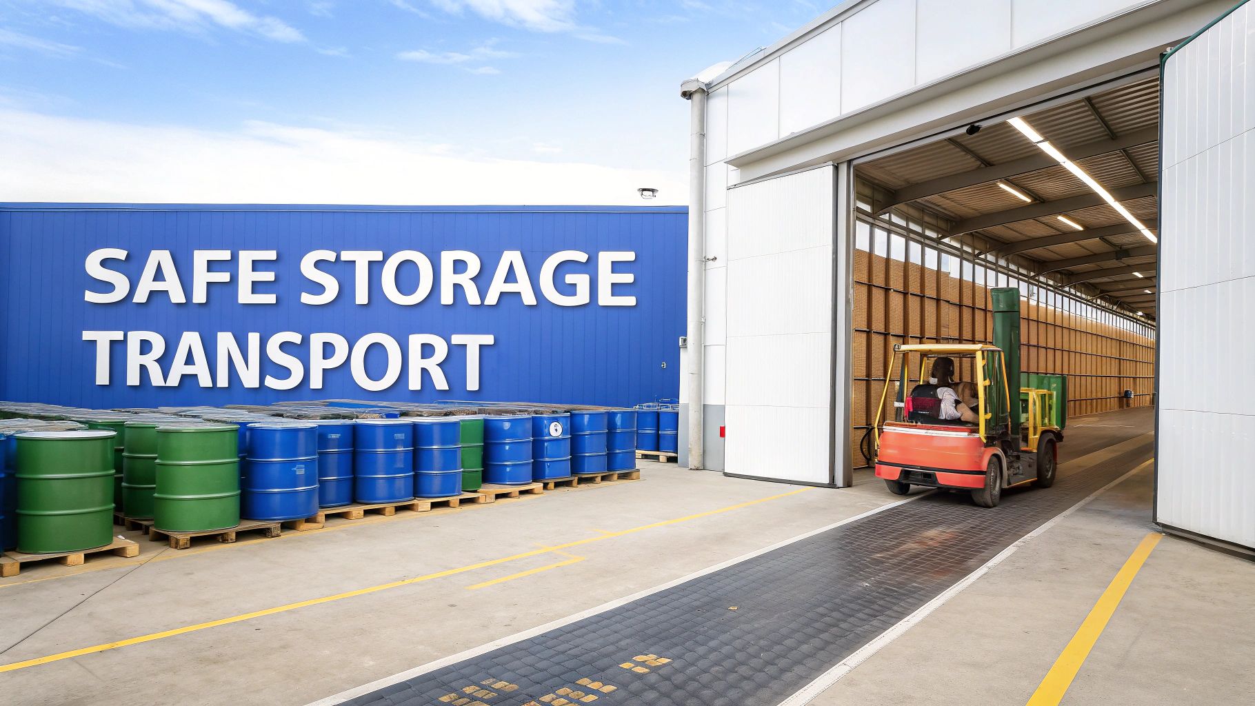 Forklift operating at a facility with 'SAFE STORAGE TRANSPORT' sign, storing green and blue chemical drums.